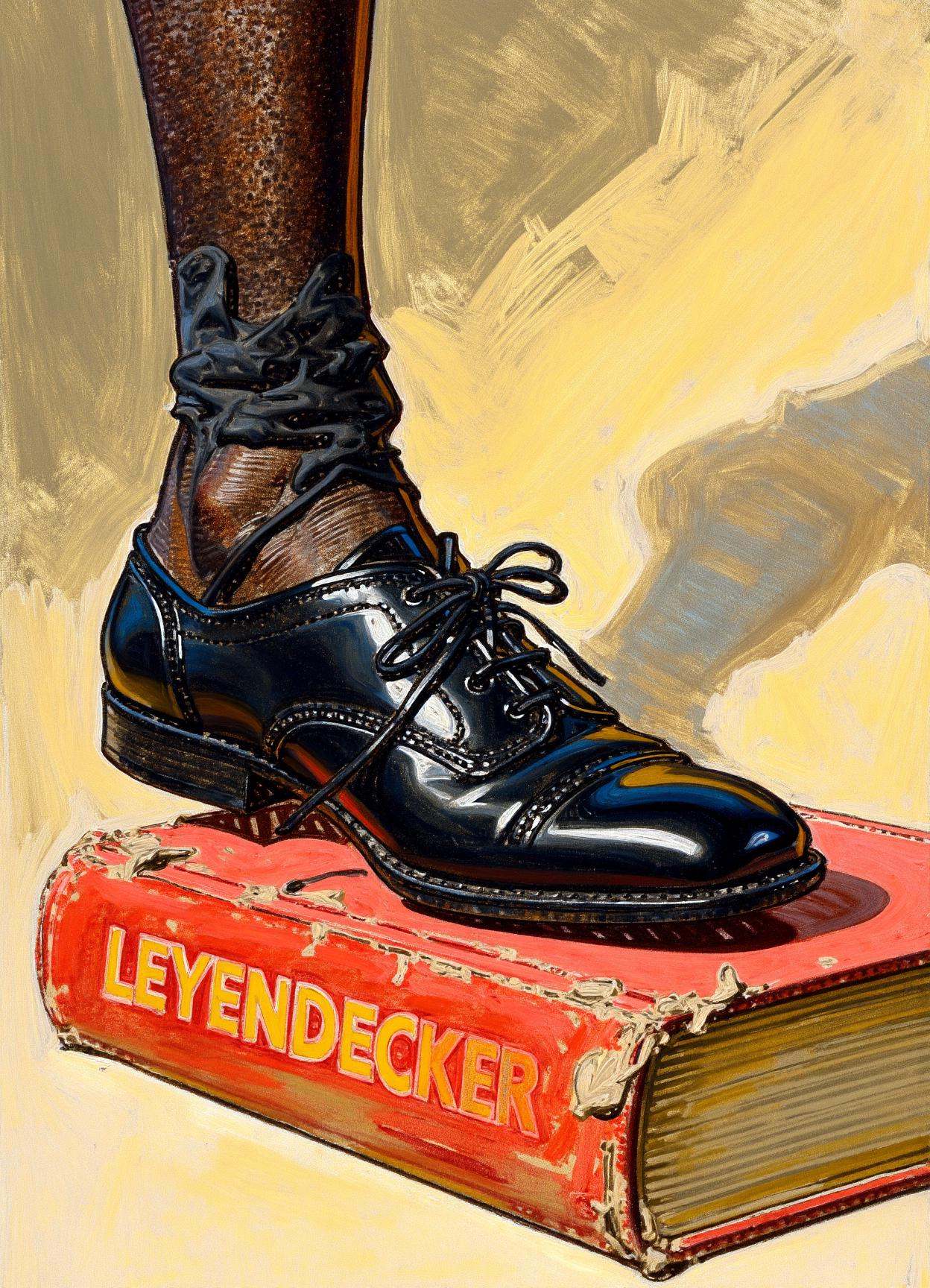 Cartoon illustration by J.C. Leyendecker of a black,  polished leather shoe,  worn on Tensor.Art