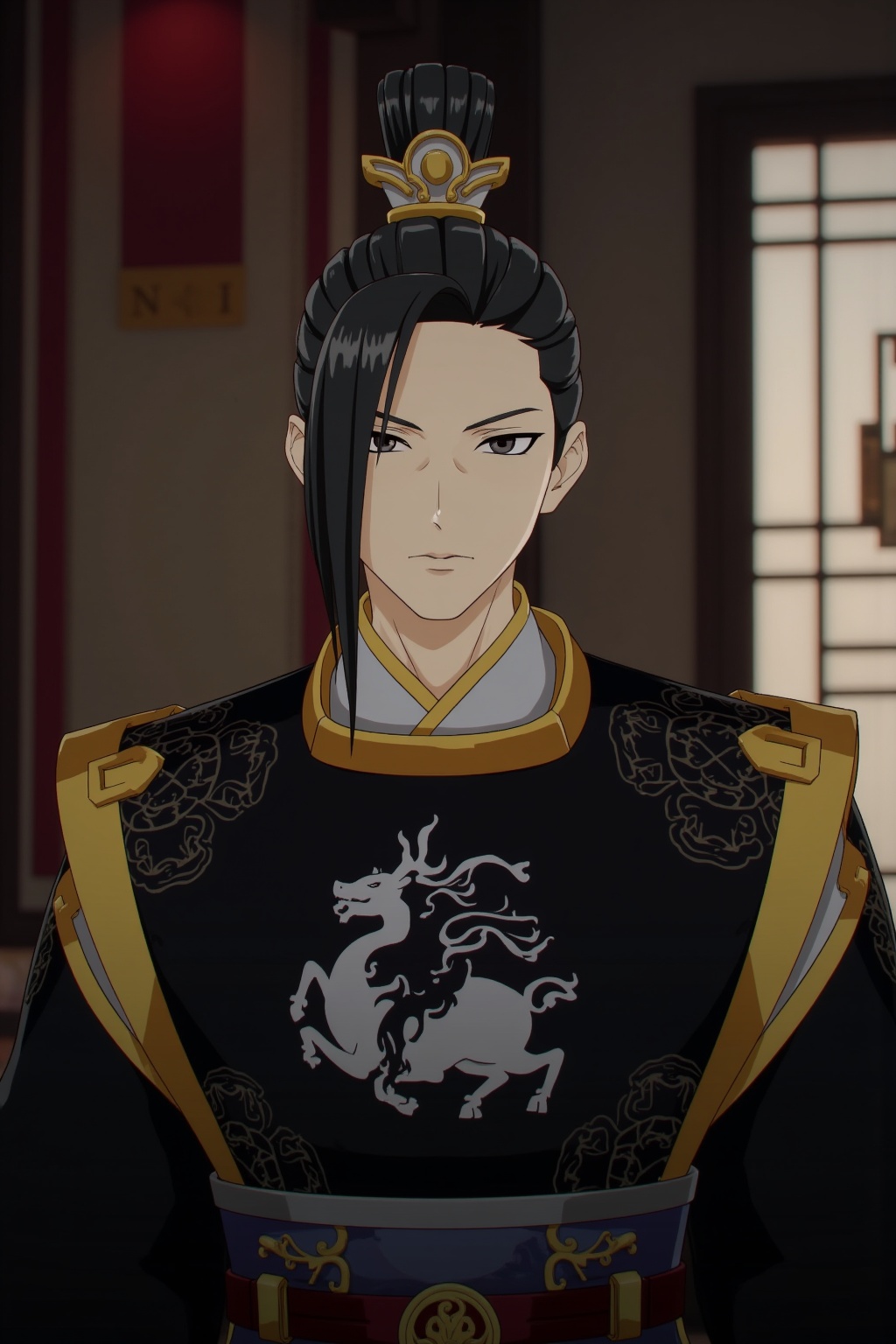 ancient chinese style,man with black eyes and black hair,black chinese clothes,indoors,