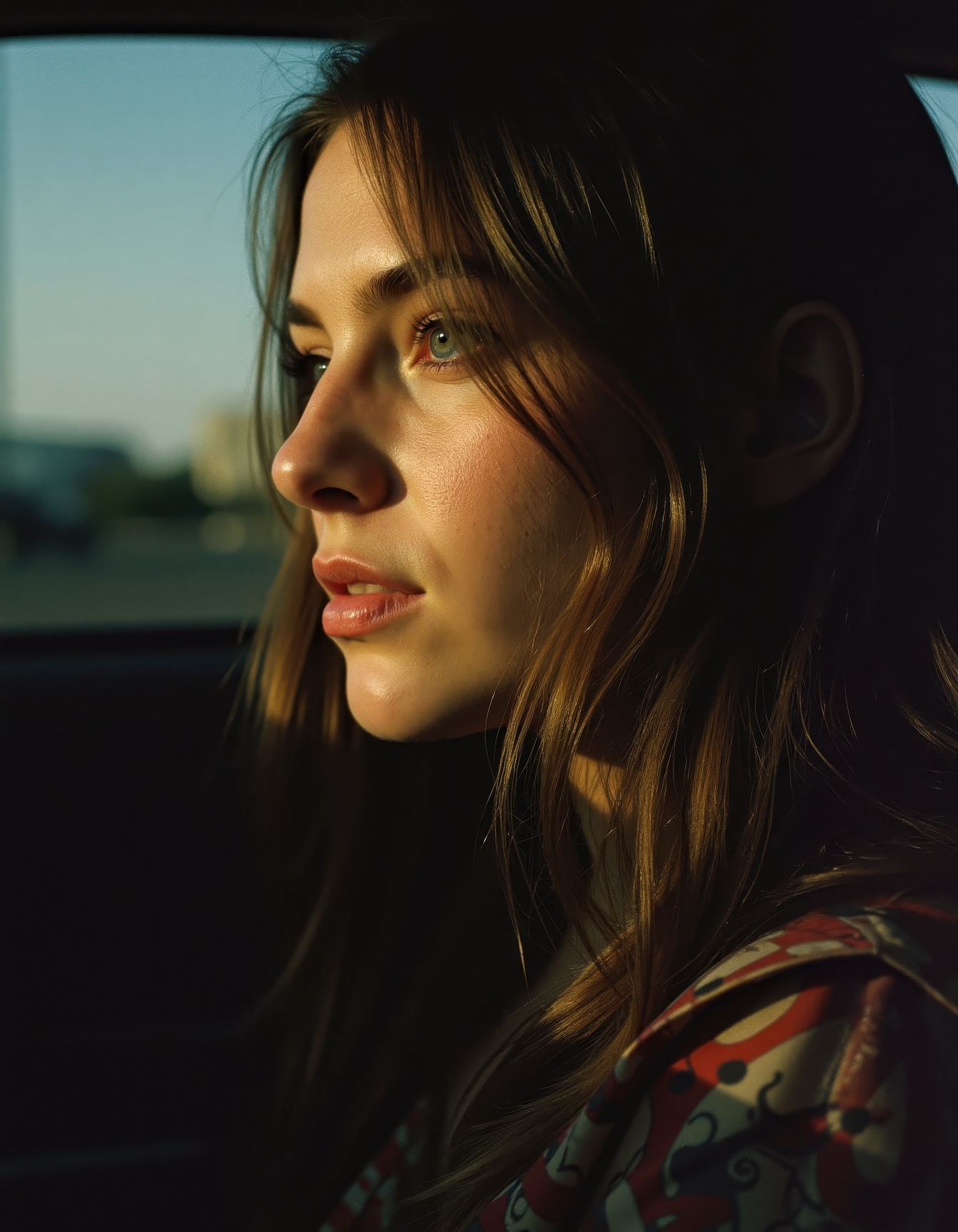 woman seated in a car looking straight ahead,  her partially obscured face veiled in natural window light casting soft ref...