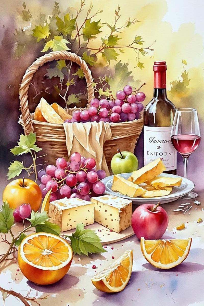 This image features a still life arrangement that is often associated with tranquility and leisure. It shows a basket of g...