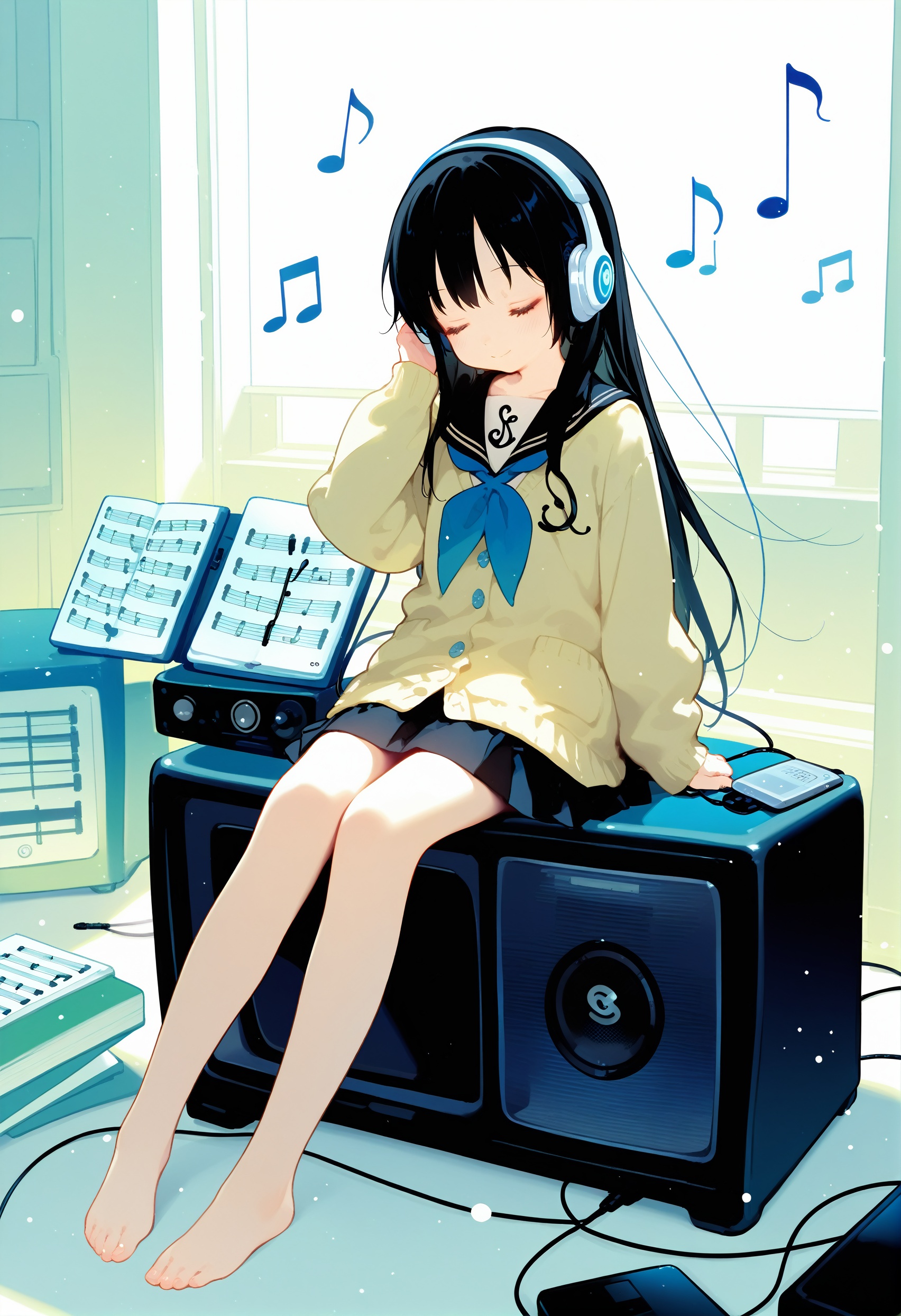 loli, 1girl, solo, headphones, closed eyes, long hair, black hair, barefoot, skirt, listening to music, speaker, musical note, digital media player, pleated skirt, quarter note, beamed eighth notes, sheet music, school uniform, beamed sixteenth notes, eighth note, bare legs, staff (music), cardigan, cd, black skirt, amplifier, treble clef, bass clef, hand on headphones, cable, floating, serafuku, long sleeves, phone, full body, sixteenth note, light particles, cellphone