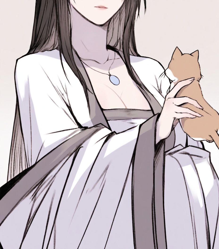 solo,highly detailed,(best quality),((masterpiece)),1girl,simple background,<lora:裴语涵nb114XL:1>,peiyuhan,black hair,necklace,long sleeves,holding_cat,