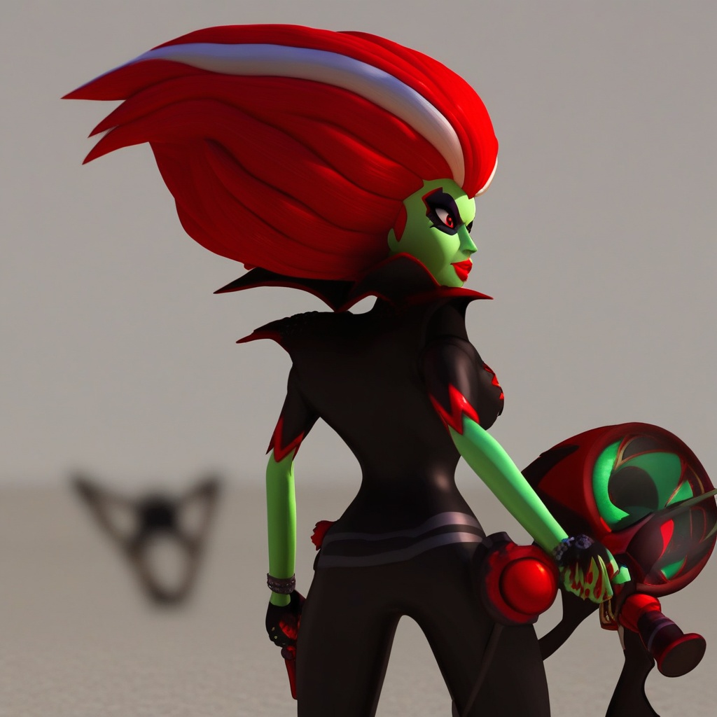 red nails,  red brushed back up hair with two stripes on each side,  weapon on Tensor.Art