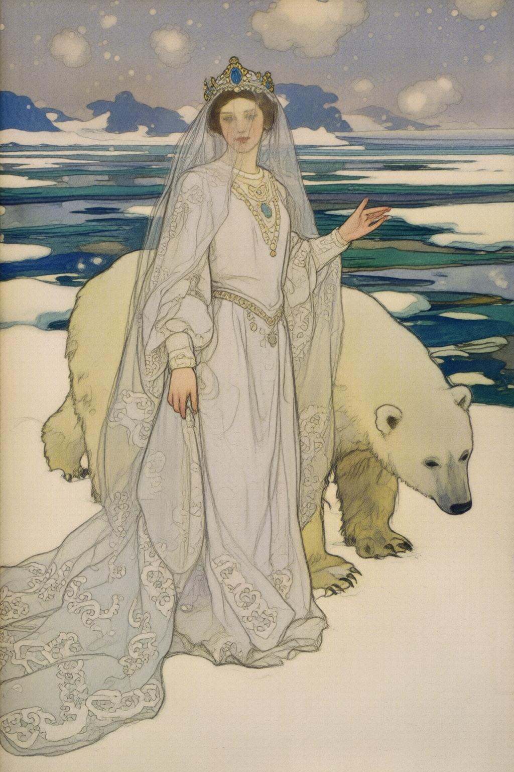 elizabethshippengreen2q illustration.dulac1. A Snow Queen with an ethereal appearance. She is dressed in a flowing,  long...