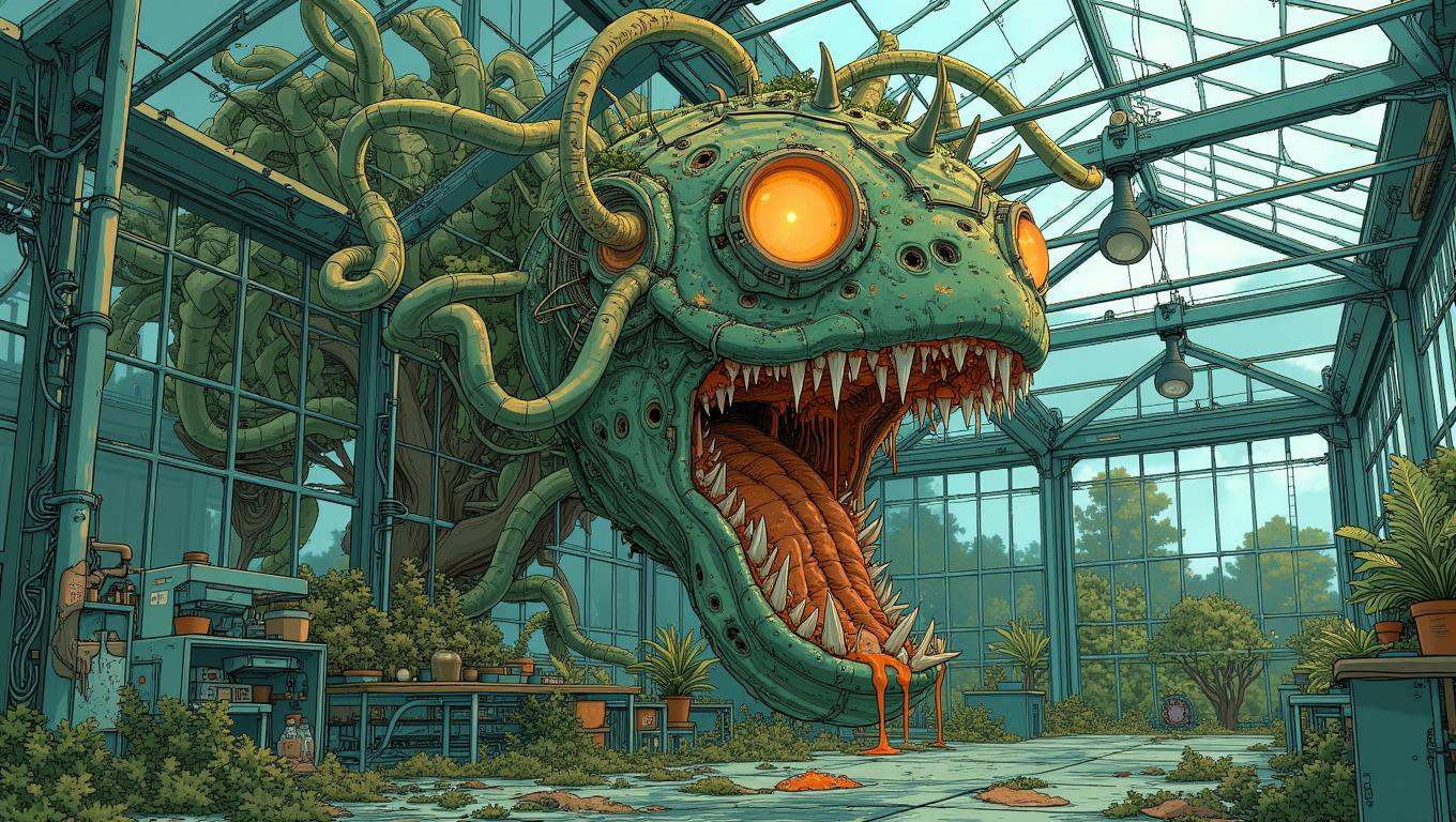A monstrous,  oversized plant with sharp,  tooth-like thorns and vines that writhe like snakes on Tensor.Art