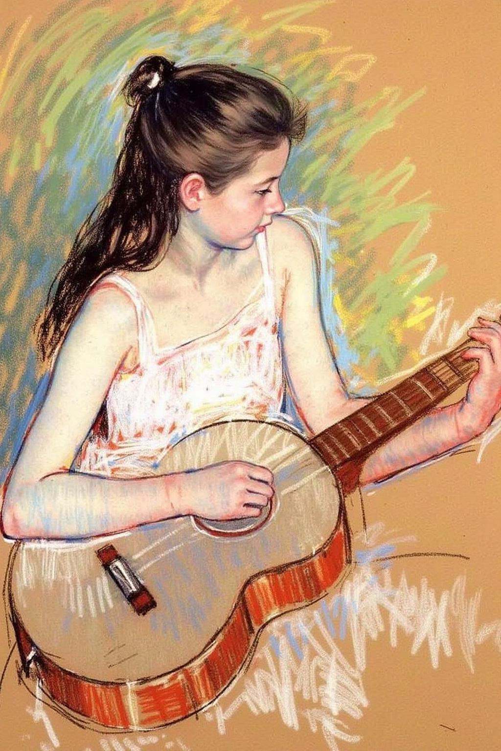 marycassatt2 drawing.A young girl is playing the guitar. She is shown from a three-quarter view,  her face tilted slightly...