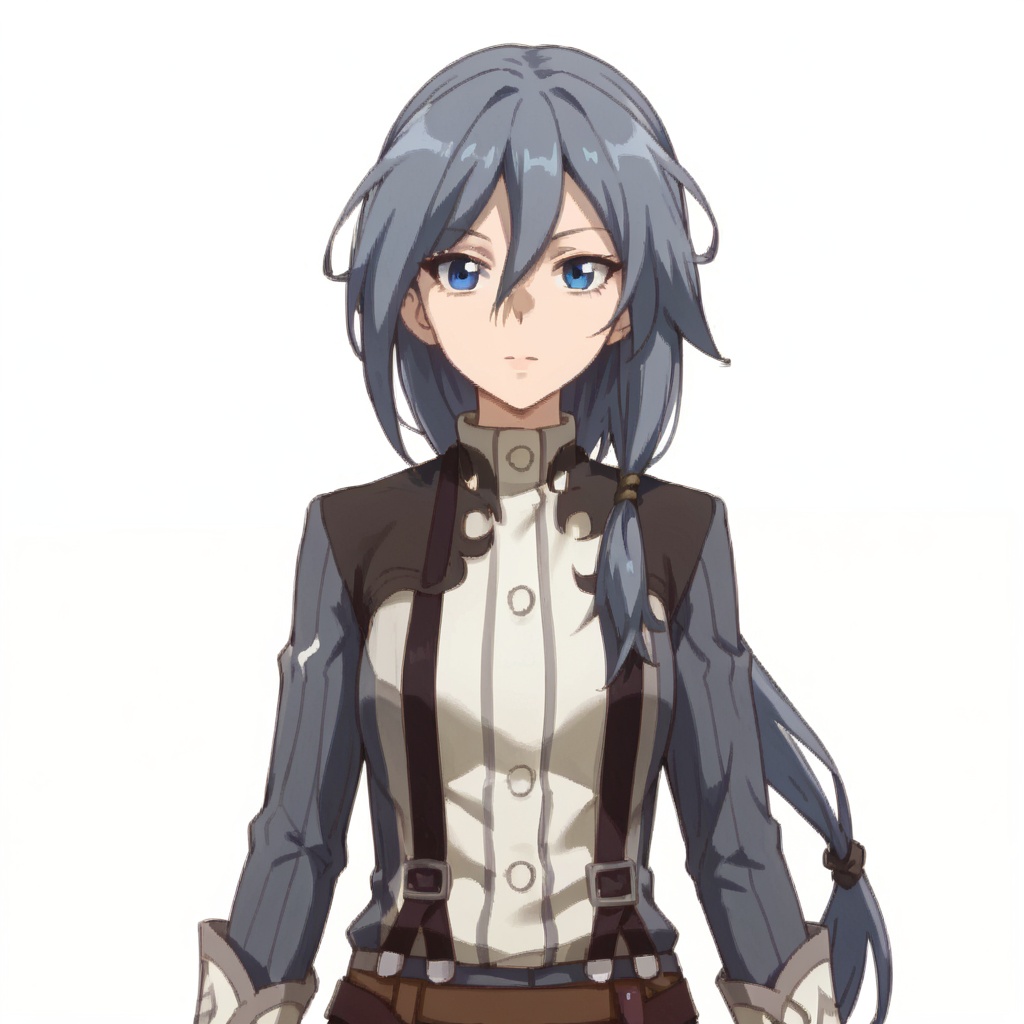 (white background:1.2),looking at viewer,(SOLO:1.4),outline,simple background,upper body, cowboy shot,looking at viewer,(((arms at side))),  fu hua, fu hua animever, long hair, bangs, blue eyes, hair between eyes, grey hair, blue hair, hair ornament, low-tied long hair<lora:beidaiku-pony:0.8>