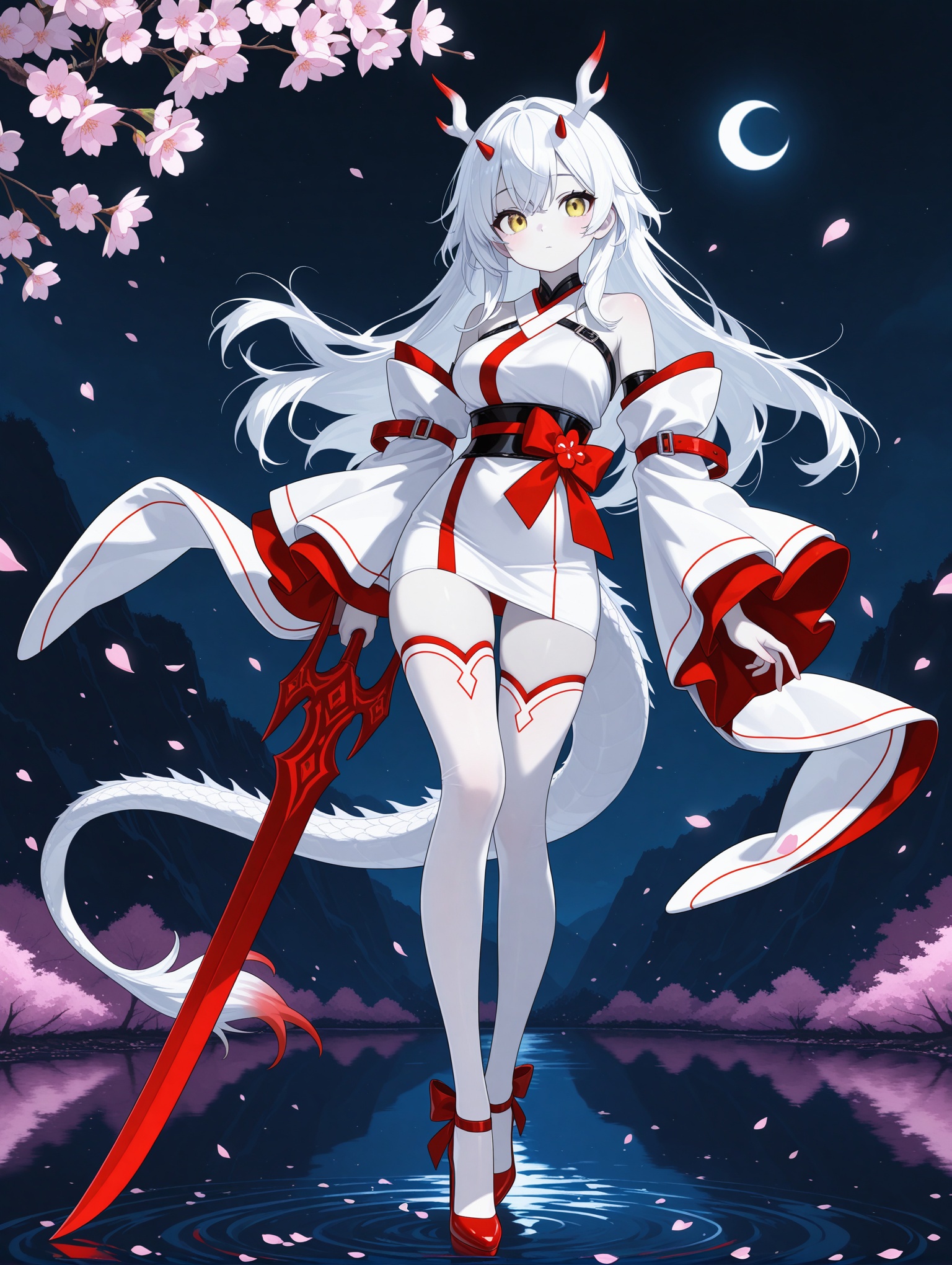 1girl, white hair, cute, medium breasts, young *****, pale skin, solo, long hair, yellow eyes, 748cmstyle face tatoos, dragon tail, 1 tail, white tail, 2 horns, small horns, white horns, dragon horns, full shot, full body, legs visible, detailerlora, mainly white dress, mini dress, form fitting, white pencil skirt, red accents,mainly white, bare shoulders, detached sleeves, thighhighs, voluminous kimono sleeves, strapped heels, black and red belts, sheethed sword, tail, elegant and battle ready, night, moonlight lake in background, moonlight reflected on lake, blooming cherry blossoms,night sakura petals, dynamic shot, mythical aesthetic, detailed background, highly detailed, detailed eyes, detailed face, high hemline,,masterpiece,best quality,amazing quality,