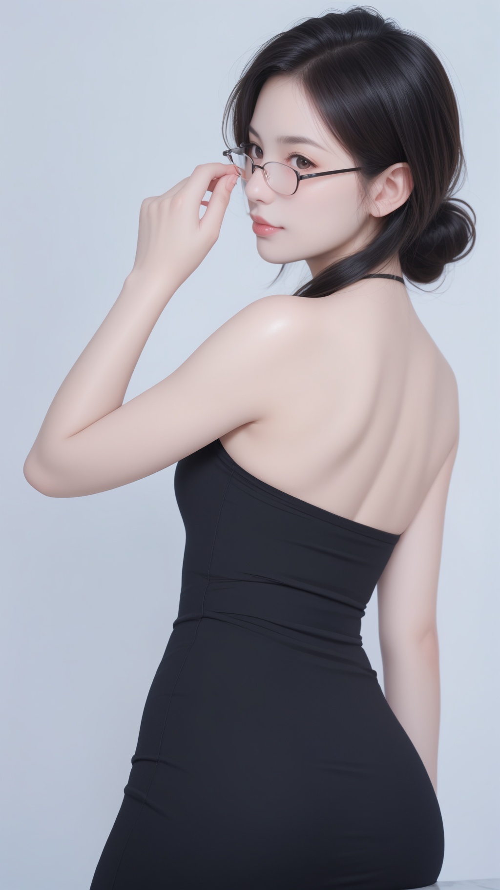 1girl,solo,Back Angle,black hair,lips,jewelry,white_marble_glowing_skin,(gently hold your glasses:1.4),black dress falling off her shoulder,portrait,(look at the viewer:1.1),looking back,realistic,, score_9, score_8_up, score_7_up,
