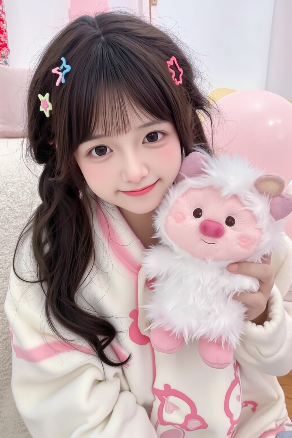 1girl,The photograph captures a young woman with long, dark brown hair styled in loose waves and adorned with small, pastel-colored star hair clips. She has a delicate, fair complexion with a light pink blush on her cheeks and a slight smile. Her outfit is a cozy, cream-colored sweater with a soft, fluffy texture, featuring a playful, pink cartoonish drawing of a pig on the front. She cradles a plush, fluffy pink creature with large, round eyes and a small, smiling mouth, which appears to be a plush toy.The background features a plush, off-white sofa and a light-colored wooden surface, likely a table or shelf. The room is decorated with a few pink balloons, adding a cheerful, playful ambiance. The overall aesthetic is soft and whimsical, with a touch of kawaii (cute) Japanese pop culture influence. The photograph is taken in a bright, well-lit indoor setting, with a warm, inviting atmosphere. <lora:萌妹FLUX-14:0.6>
