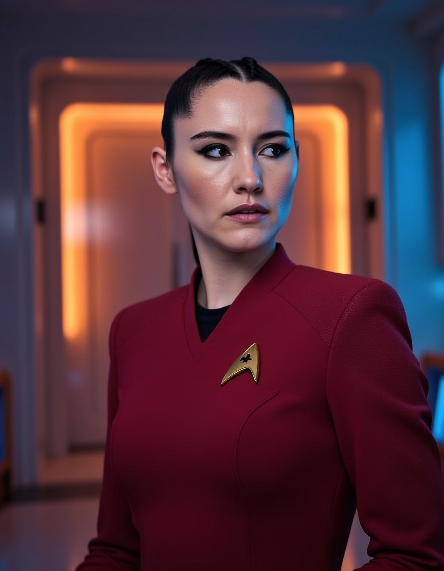 A character portrait set in a futuristic sci-fi star trek environment,  featuring a female officer in a sleek,  form-fitti...