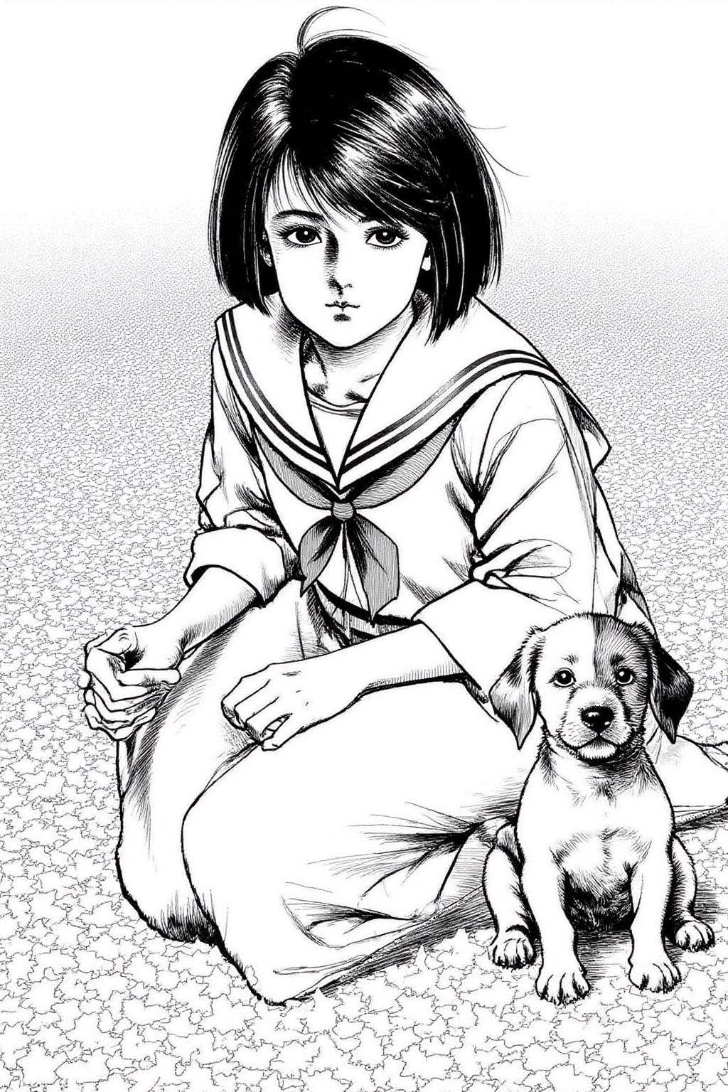 1keryo illustration.A young girl and a small puppy sitting on a ground covered with scattered leaves. The young girl has a...