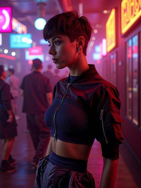 mad-cbrpnkjckt01,  woman wearing croptop and shrugs,  skirt on Tensor.Art