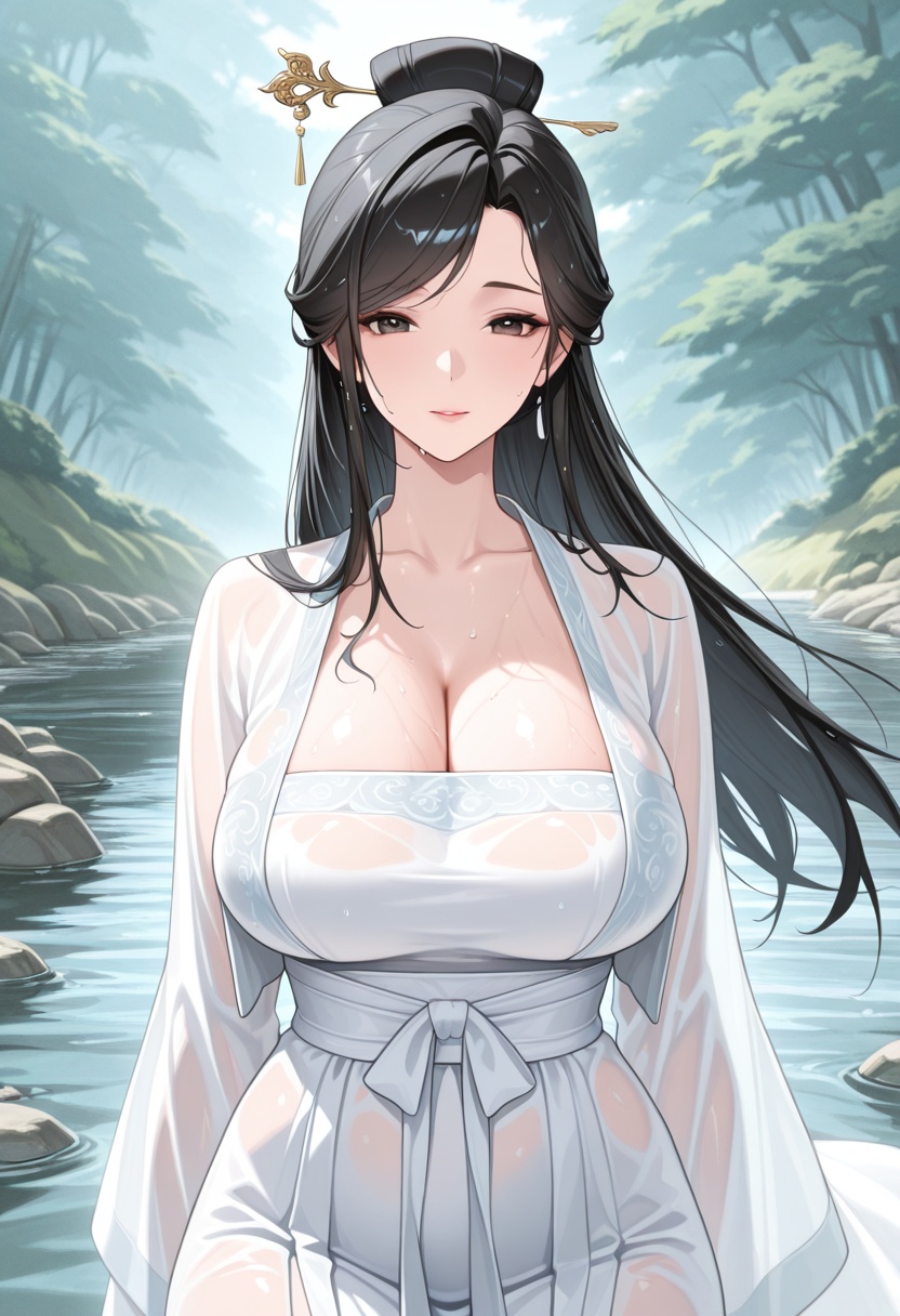 white hanfu,  transparent clothes,  cleavage on Tensor.Art