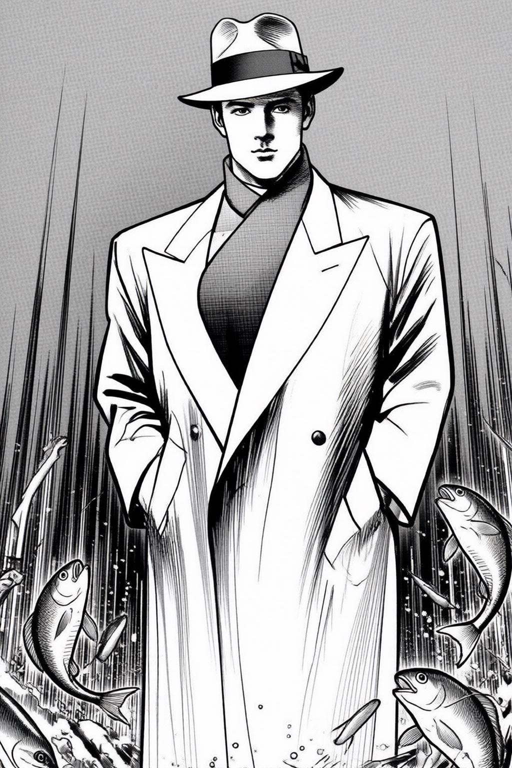 ryoichiikegami2q illustration. Black and white drawing.A man standing confidently with his hands in his pockets. He is wea...