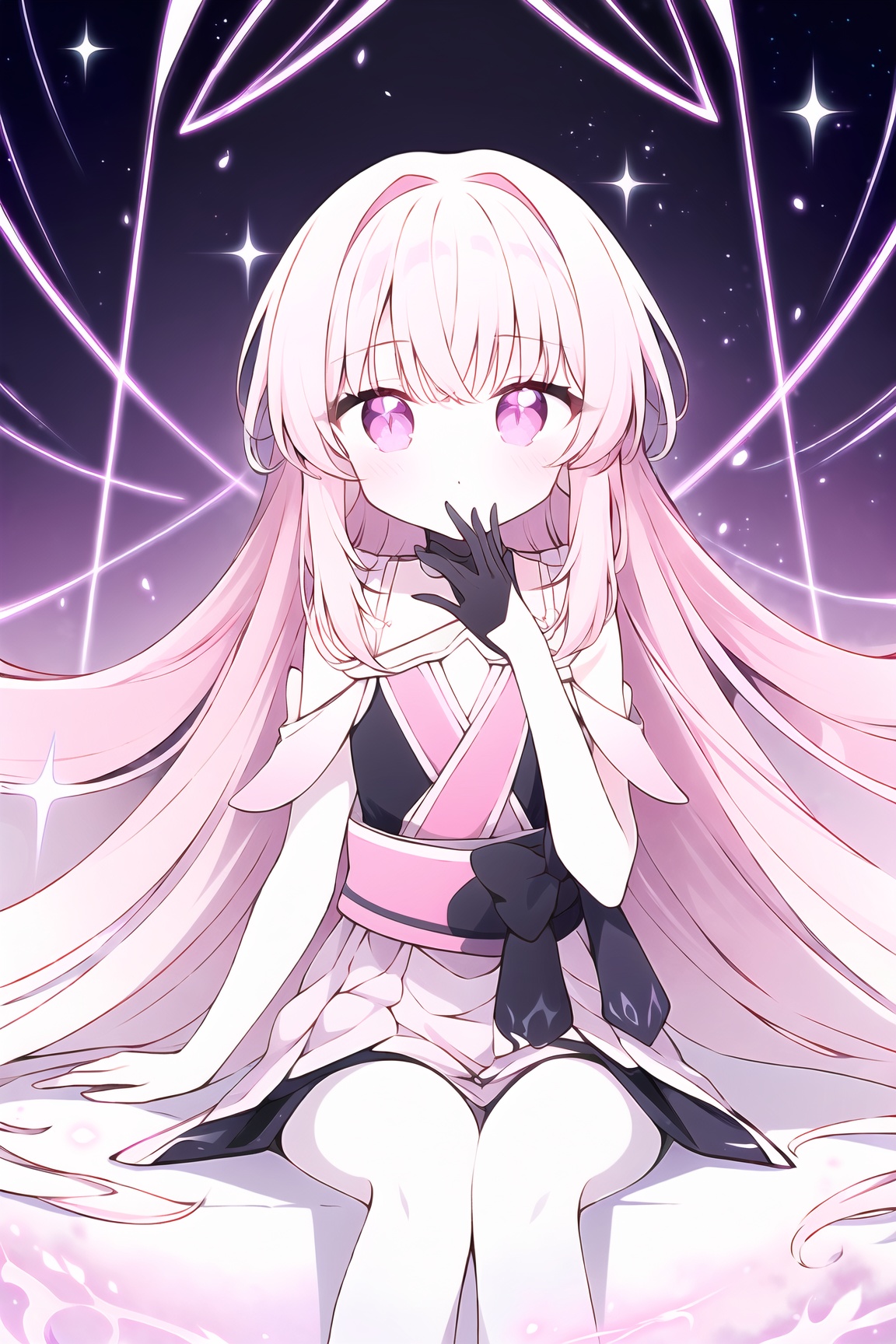 A captivating,  dreamlike anime girl sitting in a surreal,  abstract landscape filled with rich shades of deep black on Te...