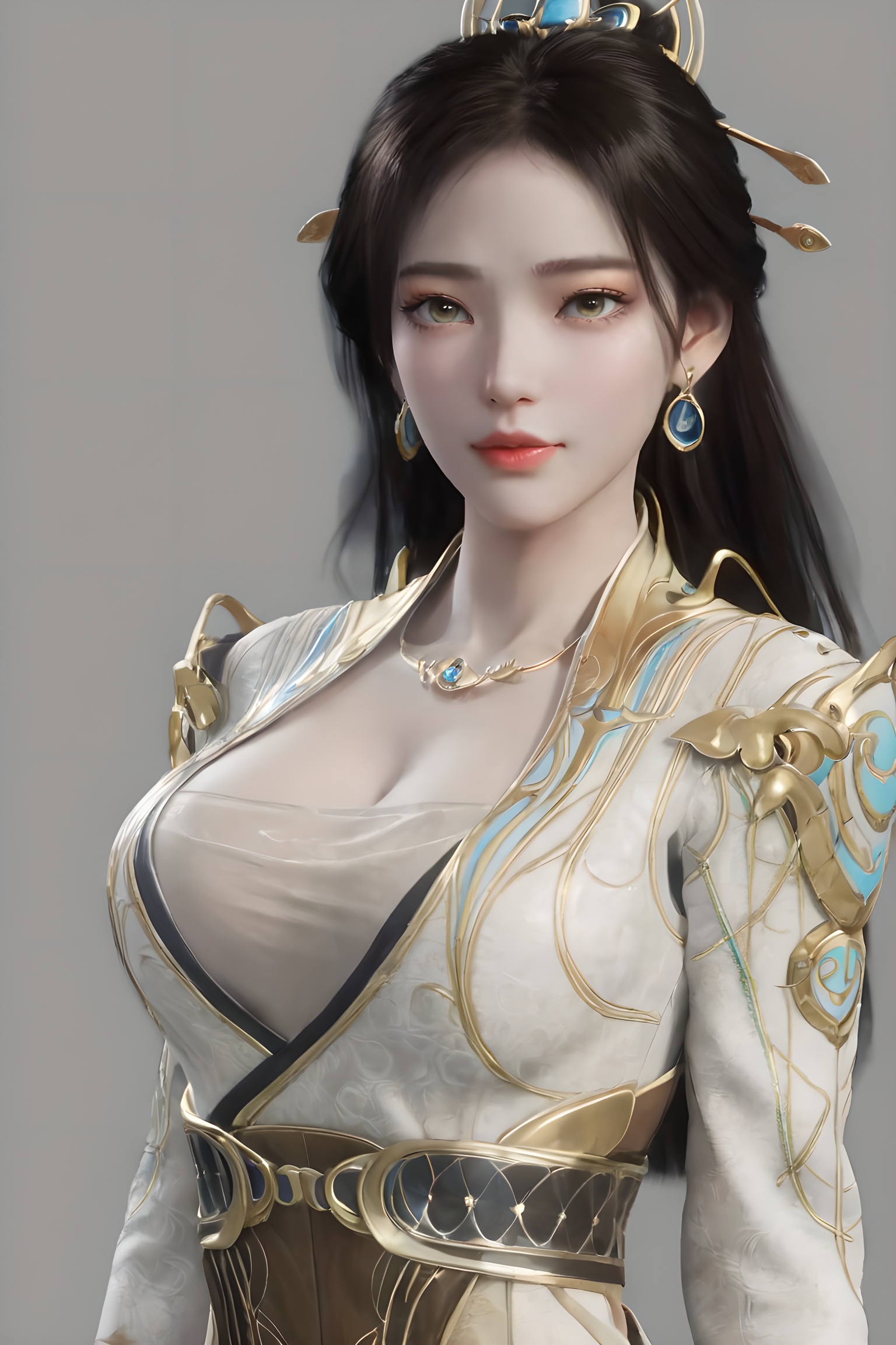 score_9,score_8_up,score_7_up,incredibly absurdres,<lora:SF_YaoXi_Pony-000002:0.7>,1girl,solo,dress,large breasts,full_shot,lips,jewelry,earring,long hair,looking at viewer,white background,