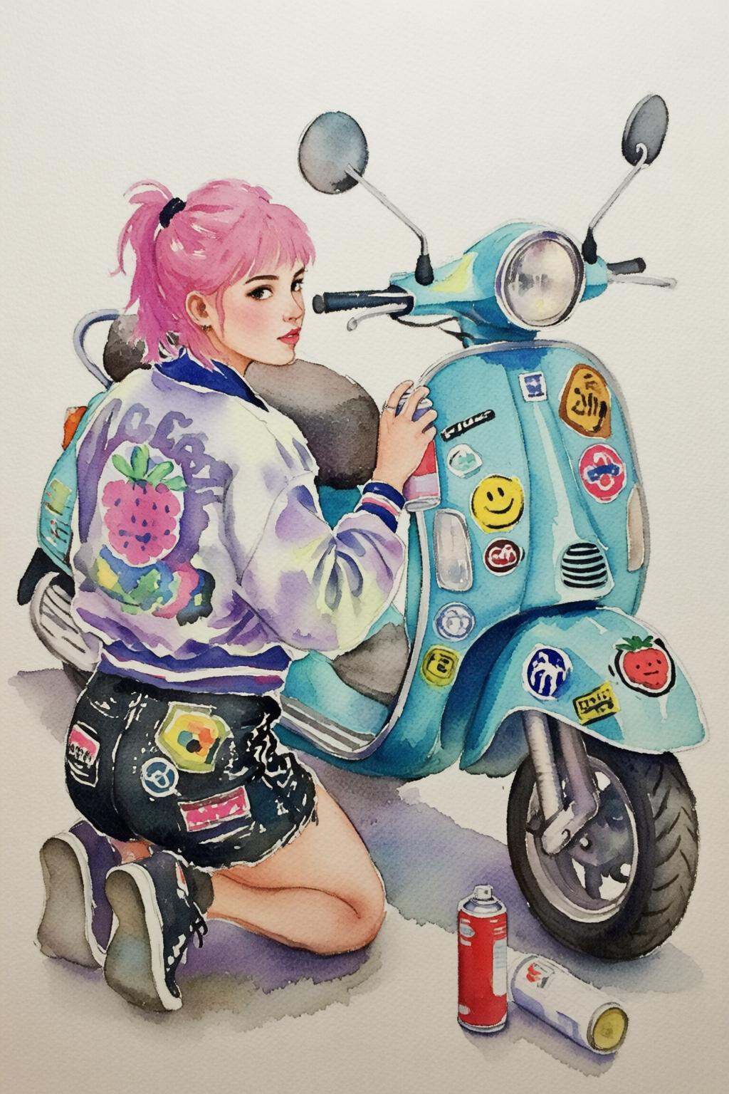 watercolorbasic2q watercolor painting. Backview of a young woman with pink hair,  wearing a light-colored jacket with a la...