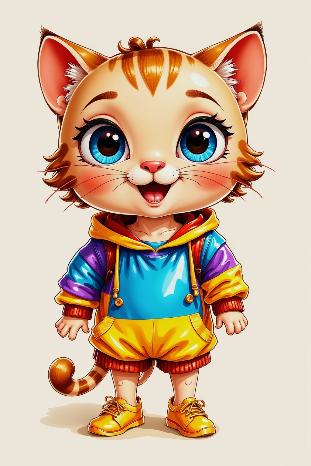 SK,SK,A cheerful cartoon cat with big eyes,a colorfully striped hoodie and yellow shoes.,
