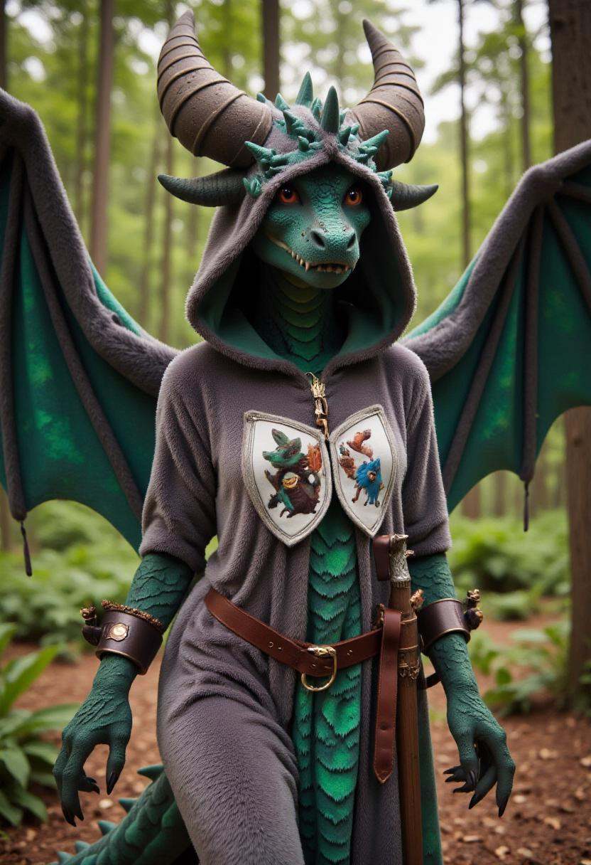 Photograph featuring a majestic,  humanoid dragoness wearing a plush grey onesie with a hood designed to resemble a mediev...