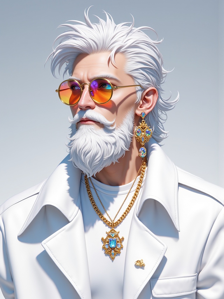 The image is a digital illustration of a man with a white beard and mustache. He is wearing a white jacket with a gold cha...