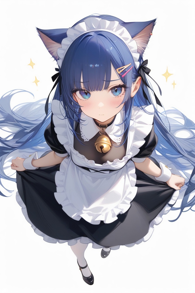 1girl, solo, long hair, looking at viewer, blush, bangs, blue eyes, simple background, hair ornament, white background, dress, bow, ribbon, animal ears, closed mouth, blue hair, frills, hairclip, cat ears, apron, black dress, collar, maid, maid headdress, sparkle, bell, detached collar, white apron, jingle bell, neck bell, maid apron, white collar,Masterpiece,Best quality,Extremely detailed,White stockings,full body,cute,Black shoes