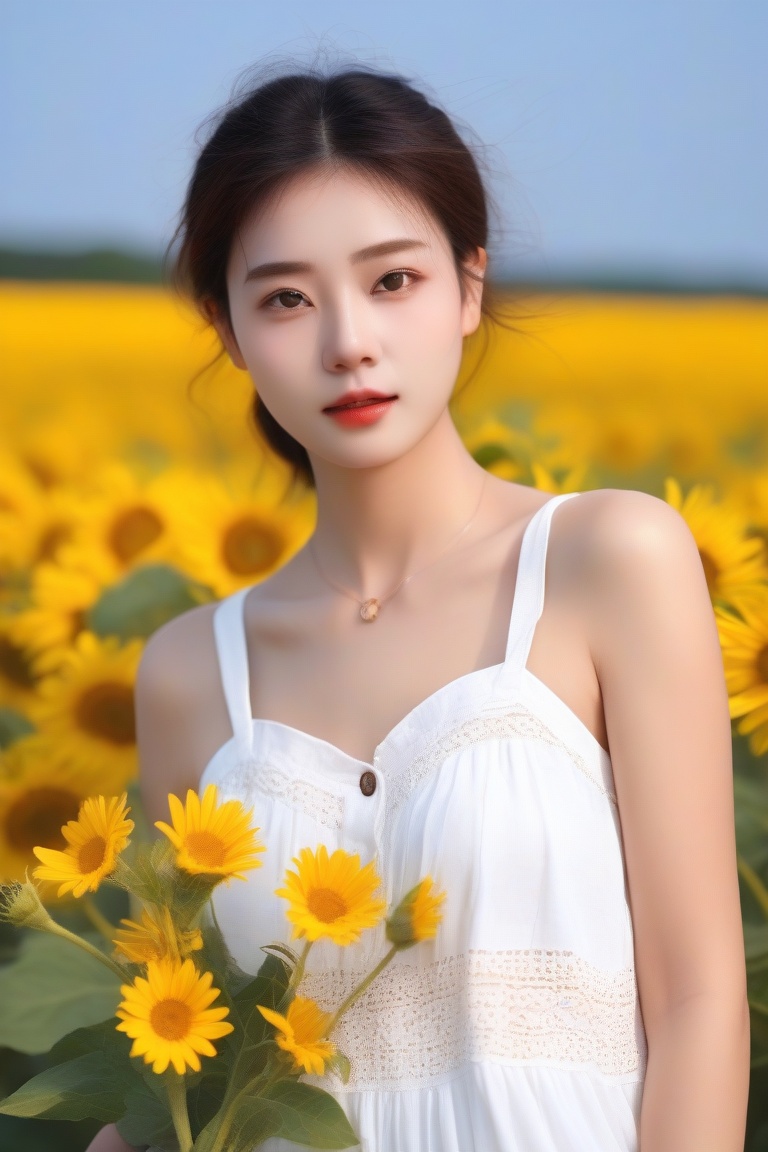 (mature body), (upper body:1.5), nikon RAW photo,8 k, Fujifilm XT3,masterpiece, best quality, realistic, photorealistic, ultra detailed, extremely detailed face, solo,1girl, standing, fashionable and trendy atmosphere, and a stylish expression on her face, full body, (narrow waist), white dress on field of sun flowers,,<lora:models/636/58b32527.safetensors:0.8:0.8>