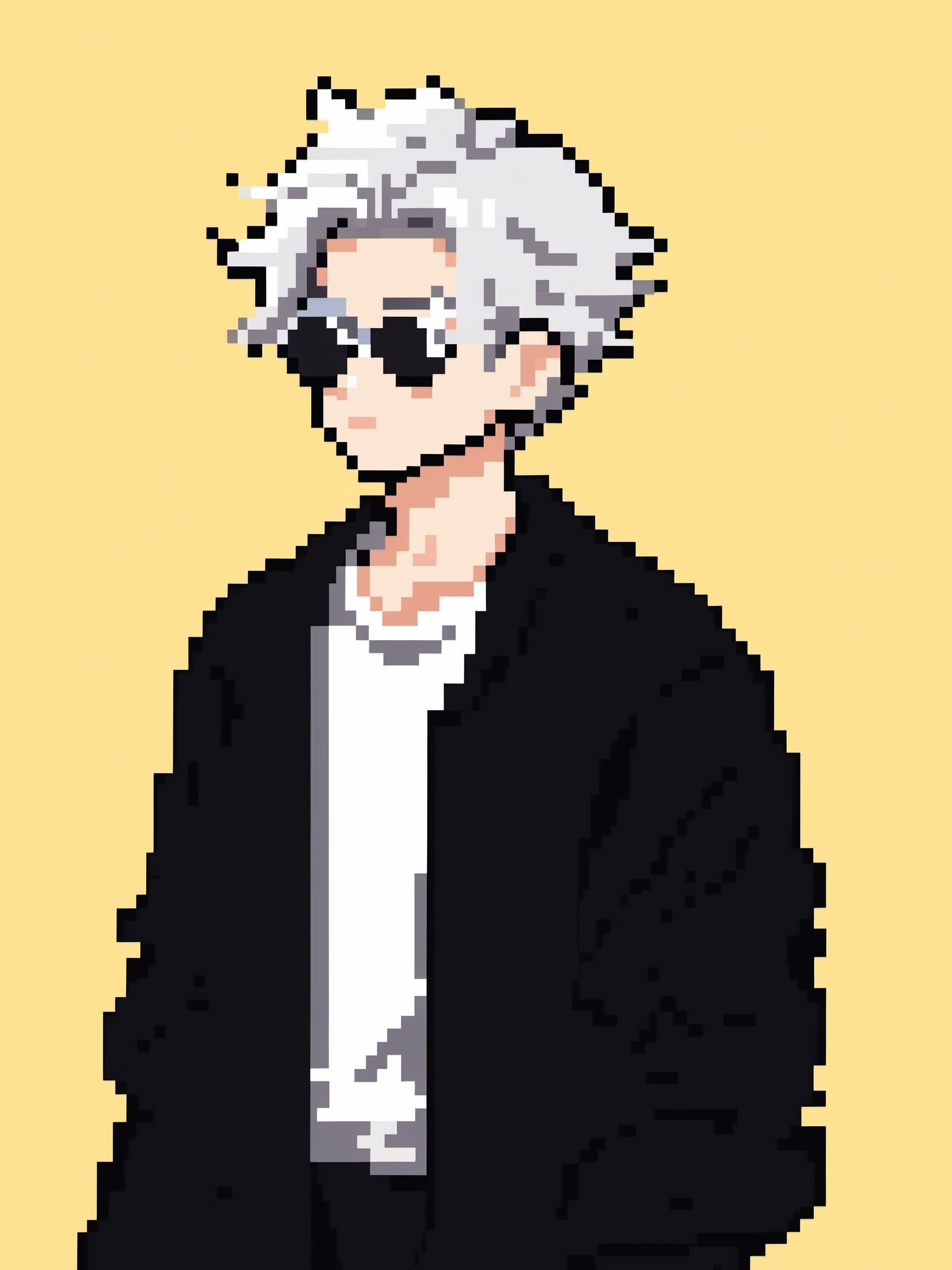 This is a picture of a male figure drawn in a pixel art style. He has flowing grey hair that floats to the side,  probably...
