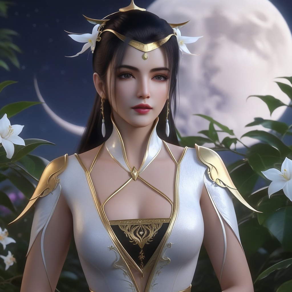 <lora:840-DA-XL-元龙-林秀:0.8>, (,1girl, ,best quality, ),,  ,,ultra realistic 8k cg, ,masterpiece, (( , )),, realistic,science fiction,mole, ,     ,crescent moon, jasmine \(flower\),     (cleavage),,  (),