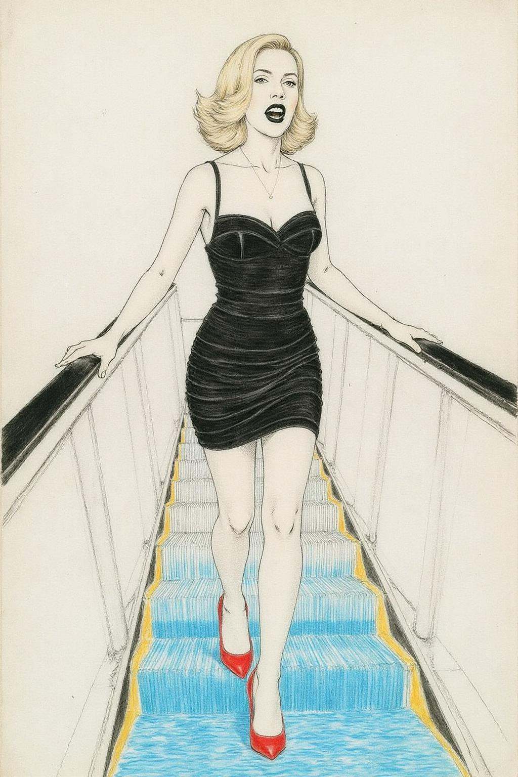 hansho1 monochromatic pencil drawing,  a woman in a chic little black dress and vibrant red high heels,  gracefully descen...
