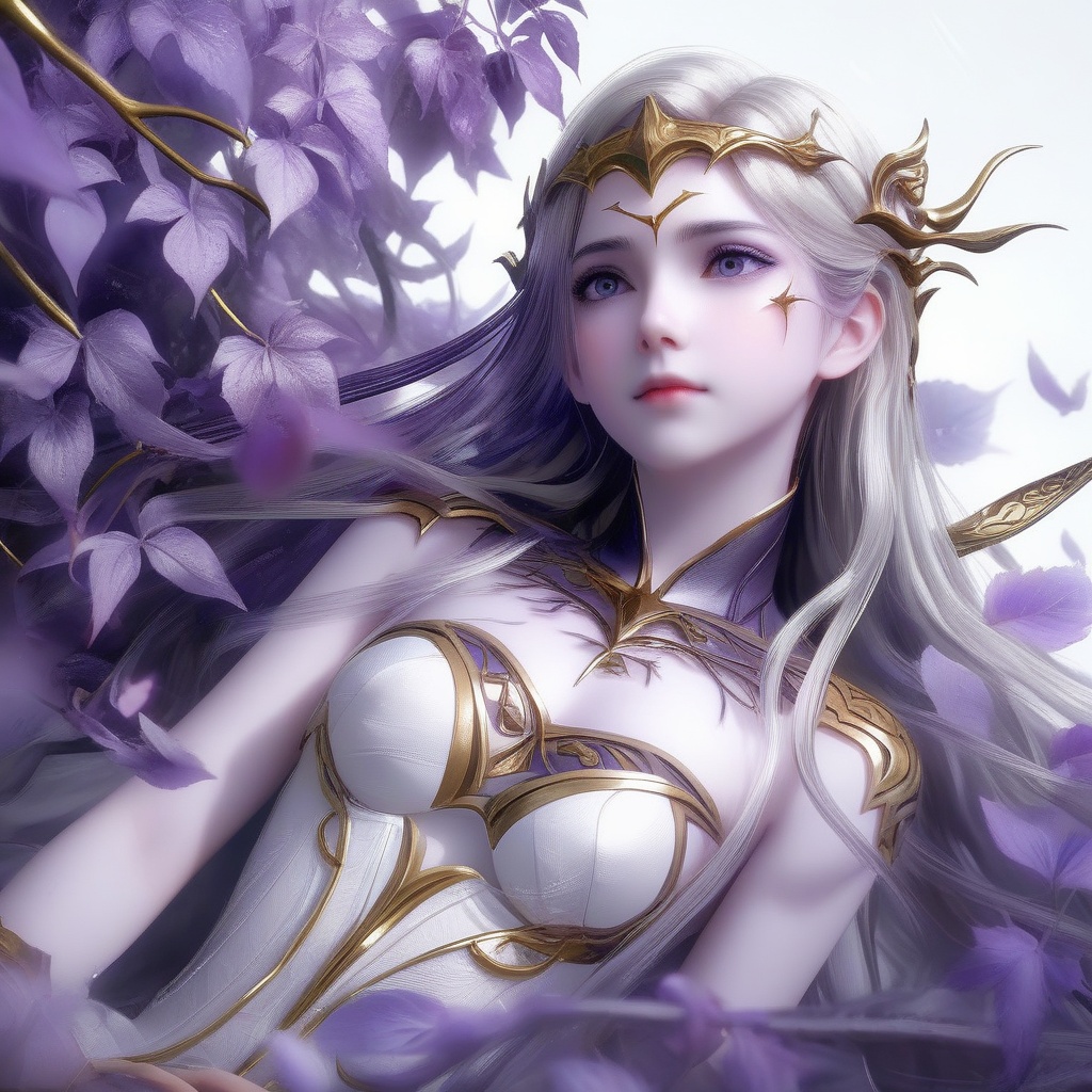 <lora:841-DA-XL-武庚纪-不闻不问:0.8>, (masterpiece),(best quality),illustration,ultra detailed,hdr,Depth of field,(colorful),loli,white background,Dundar effect,a lot of purple vines,vines covering half of the painting,delicate plant details,a girl,girl,petite girl,long white hair,golden pupils,white dress,bare feet,side,side,upper body,head up,sad eyes,rain,light,figure light,petals,purple filter,left,fog,dream,unreal,Blur,float light,