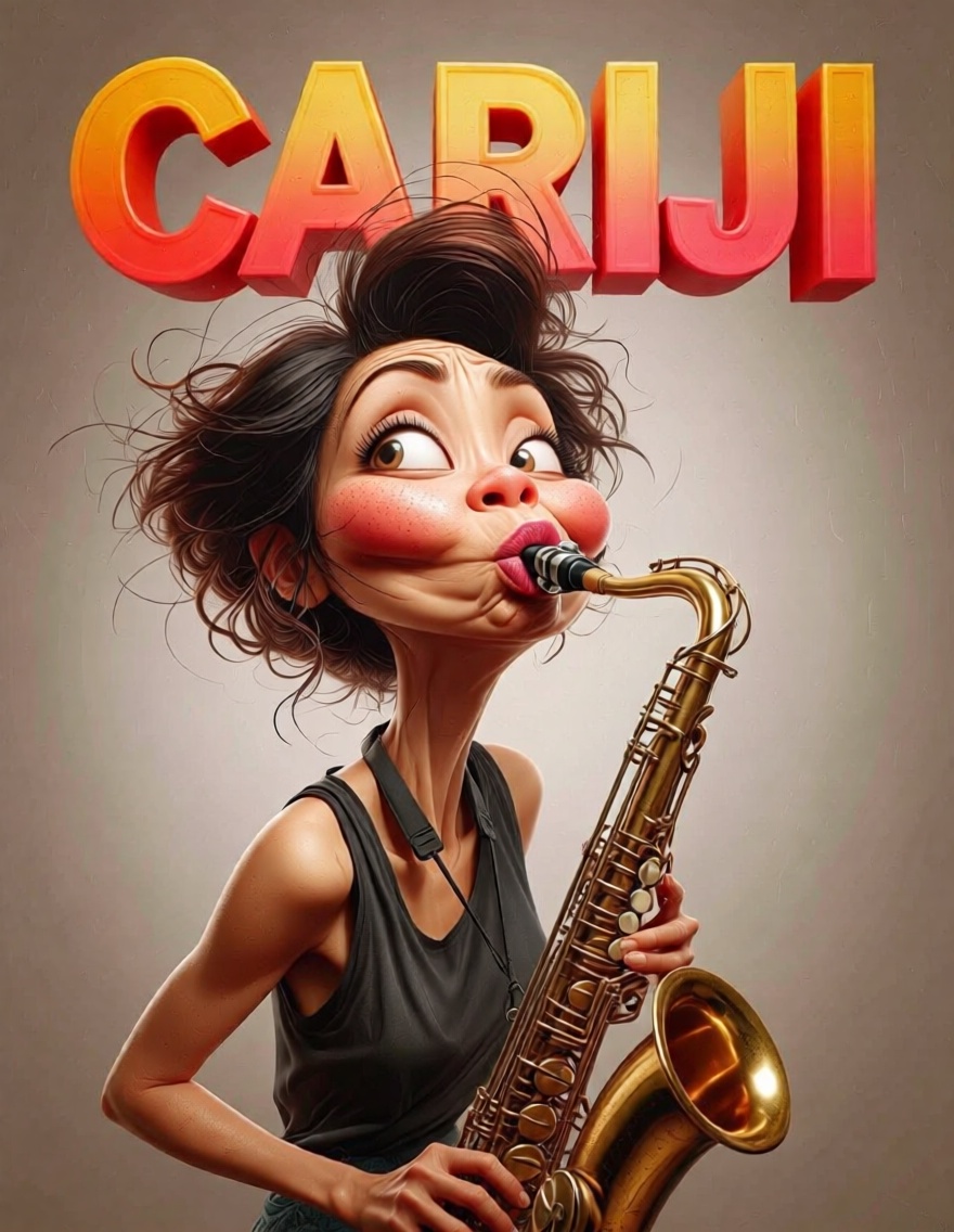 Cariji,  Poster titled "CARIJI" in bold vibrant 3d text featuring a detailed caricature of an happy yaong woman performing...