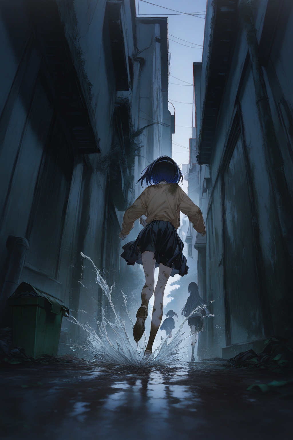 masterpiece,best quality,amazing quality,very aesthetic,absurdres,newest,impactful picture,offcial art,movie perspective,(yoneyama mai:0.5),(WANKE:0.5),(noyu (noyu23386566):0.5),cute painting style,dark,Chaotic scene,littered with garbage,dirty,running and splashing,