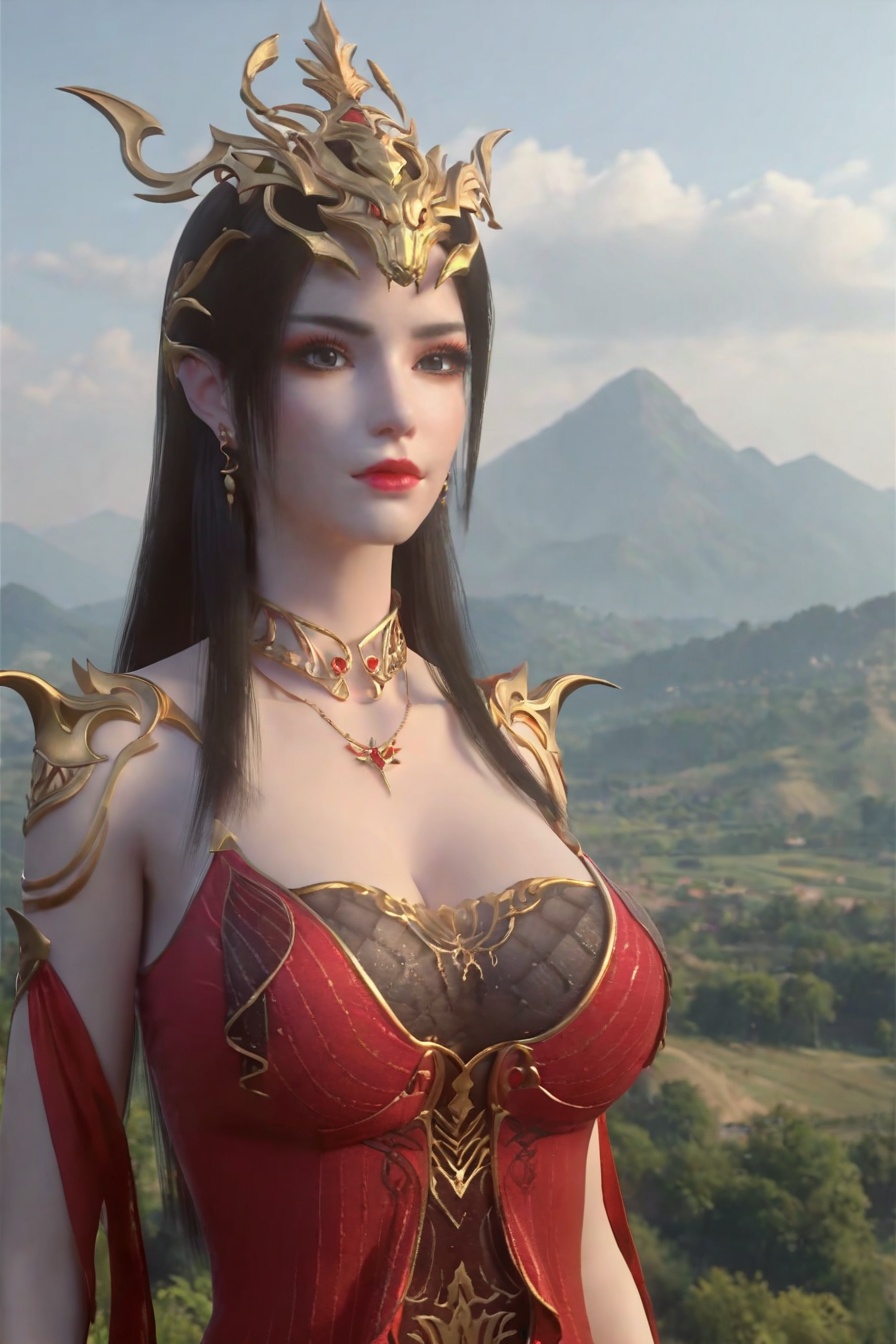 score_9,score_8_up,score_7_up,incredibly absurdres,<lora:SF_MeiDuShaHS_Pony-000005:0.7>,1girl,solo,red dress,large breasts,lips,jewelry,earring,long hair,looking at viewer,white background,landscape,