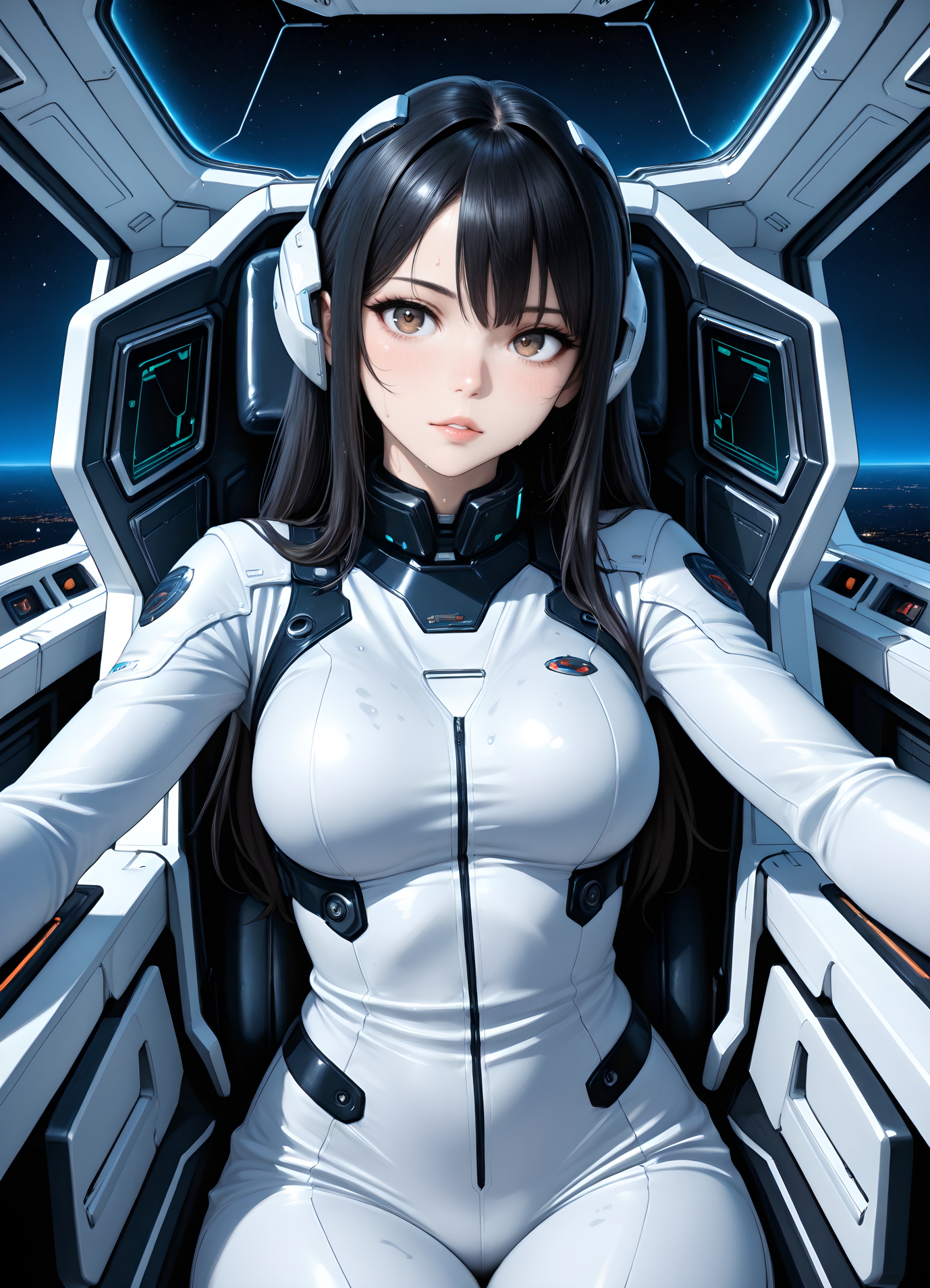 a stunning female pilot sitting on the cockpit of a starship,  sweating after landing,  1girl on Tensor.Art