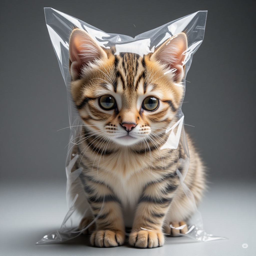 plastic_look_style,  a photo of a cat,  shrink-wrapped in clear plastic on Tensor.Art