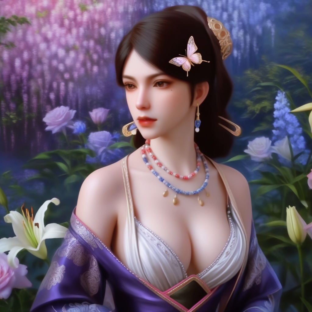 <lora:839-DA-XL-少年白马醉春风-温珞玉:0.8>, (,1girl, ,best quality, ),,  ,ultra detailed 8k cg,ultra realistic 8k cg,1girl, solo,(bare shoulders:0.85),(masterpiece, best quality),((oil painting style)),sexy young lady,(beautiful face and eyes),(upper body:1.5),(whole body:1.05),(single person:1.2),surrounded by flowers, (lily), roses, floret, vegetation, white, purple, purplish pink,Impressionism,colorful,(Breast size:1.3),(cleavage),, butterfly,(sit),