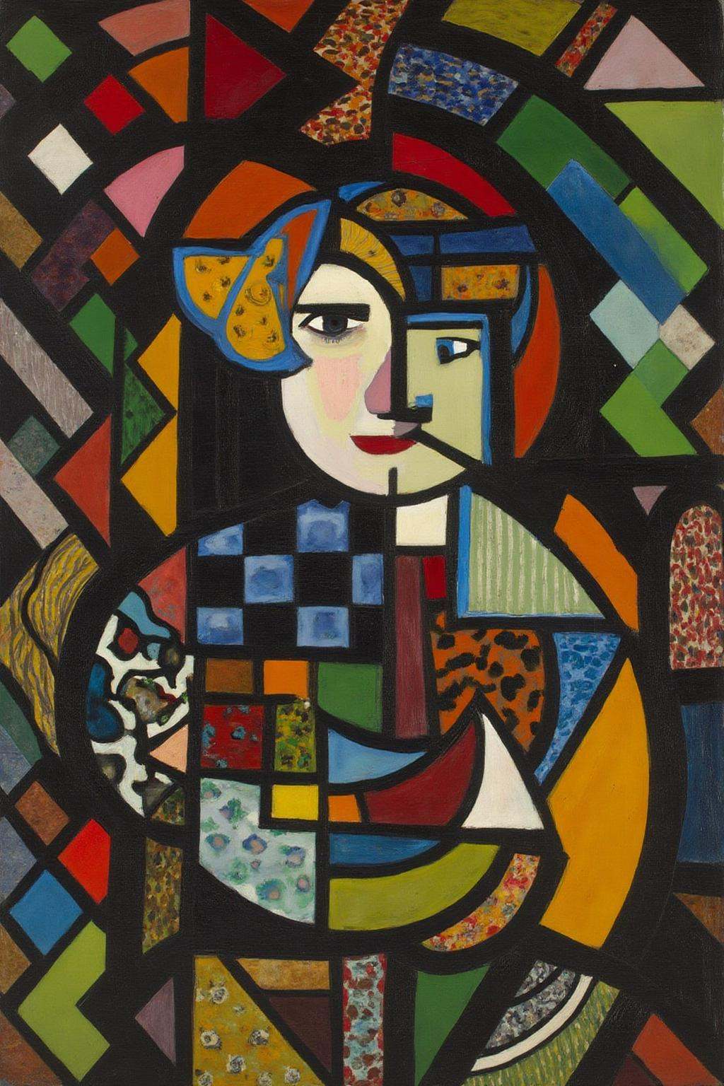 henrylymansayen1 painting.An abstract human figure composed of geometric shapes including triangles,  squares,  and curved...