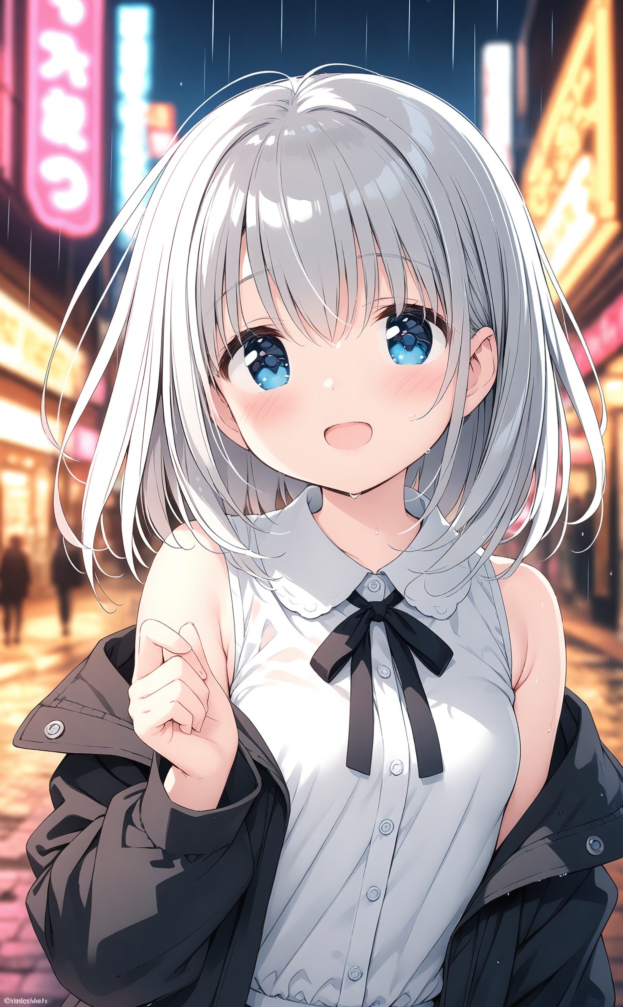 (masterpiece),(best quality),illustration,ultra detailed,hdr,Depth of field,(colorful),loli,1girl,solo,jacket,off shoulder,rain,looking at viewer,black jacket,smile,sleeveless,shirt,white shirt,blue eyes,blurry,blurry background,open clothes,twitter username,bare shoulders,blush,upper body,open mouth,long sleeves,neck ribbon,open jacket,outdoors,:d,sleeveless shirt,depth of field,wet,small breasts,ribbon,breasts,hand up,neon lights,medium hair,black ribbon,hair between eyes,silver hair,