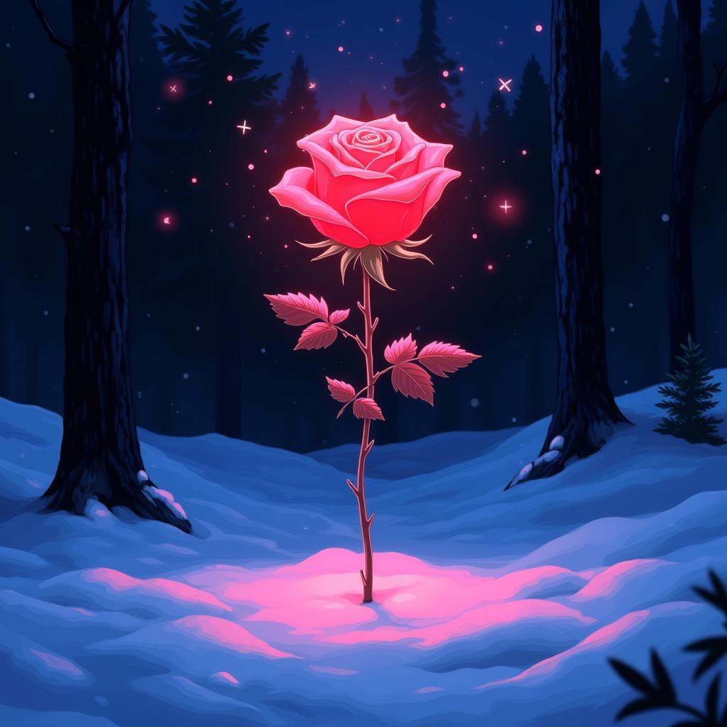 anime_martz,  anime_retro,  A glowing red rose standing tall in the middle of a snowy forest at night. The rose emits a so...