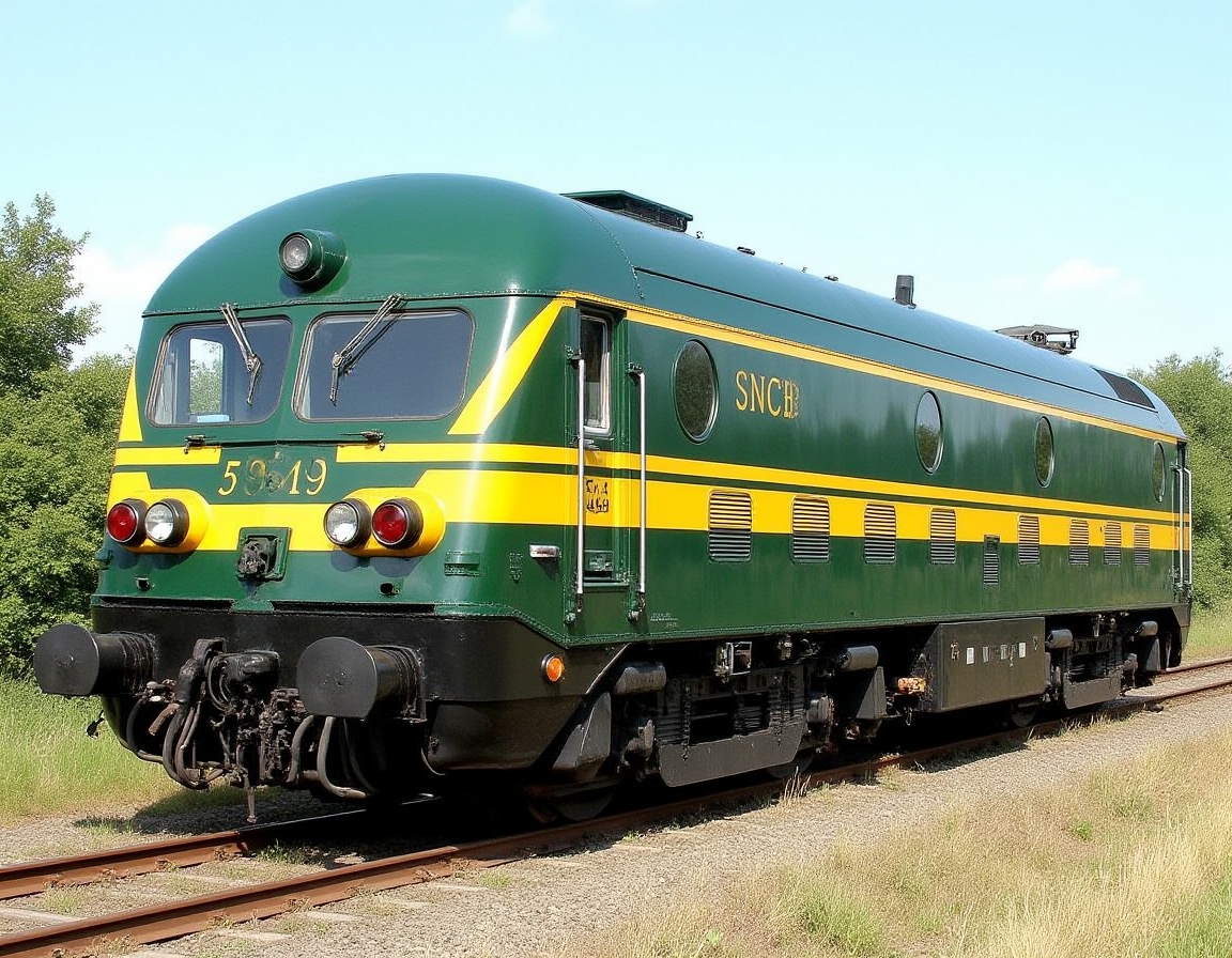 SNCB Series 59 diesel locomotive in green livery.A vibrant green diesel locomotive stands prominently against a backdrop o...