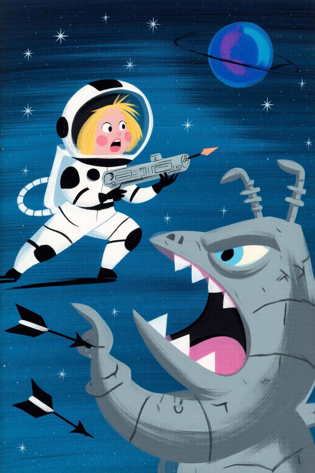 maryblair4q illustrationThe image depicts a cartoon-style scene with a space-themed background. A female astronaut is show...