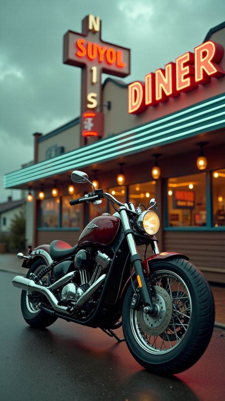 A vintage motorcycle parked in front of an old diner,  with a neon sign flickering and a cloudy sky above. ,  aidmaimageup...