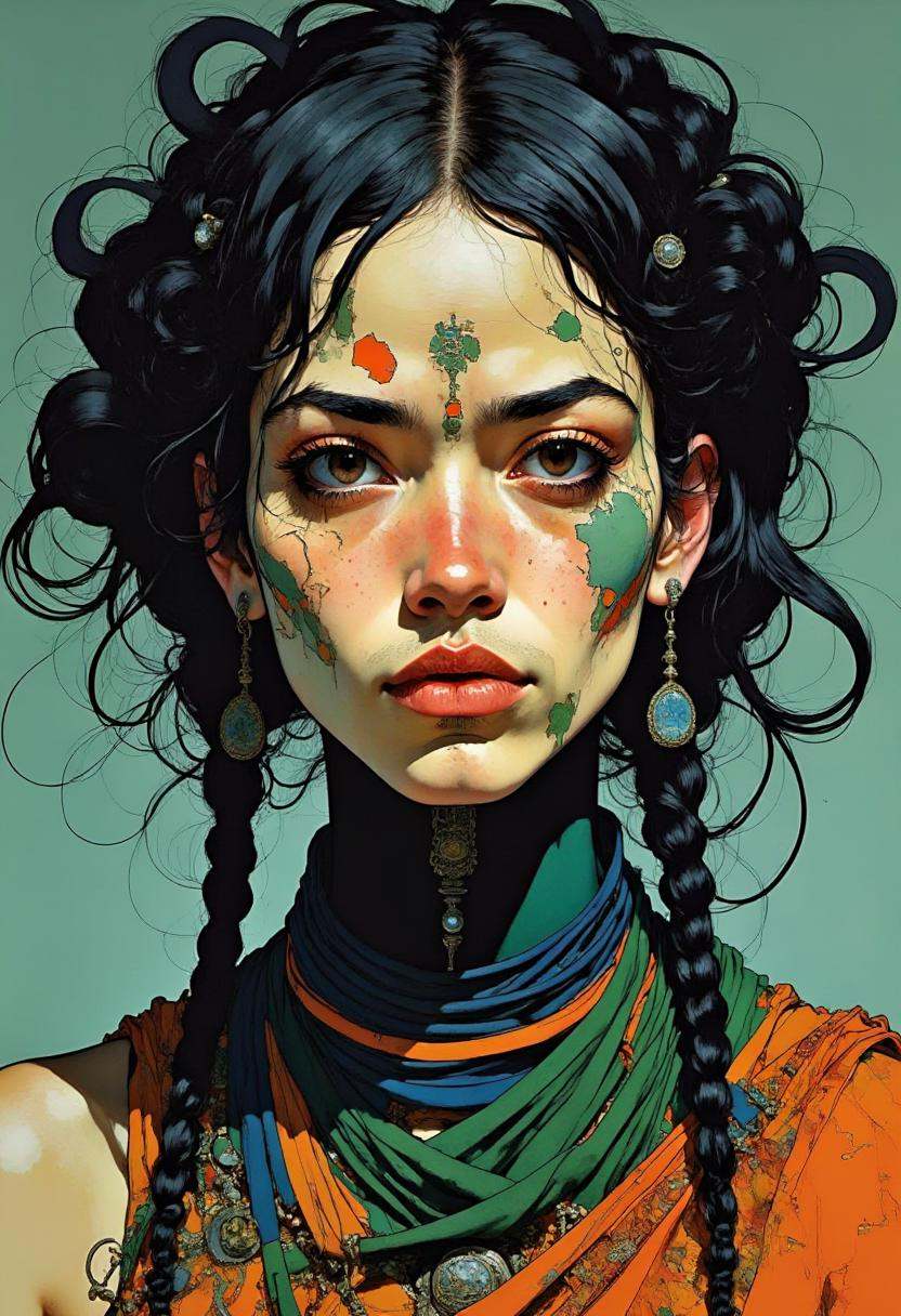 A digital illustration featuring an ultra_close_up of an amazonian Yanomami woman,  with camouflage paint on her face. on...