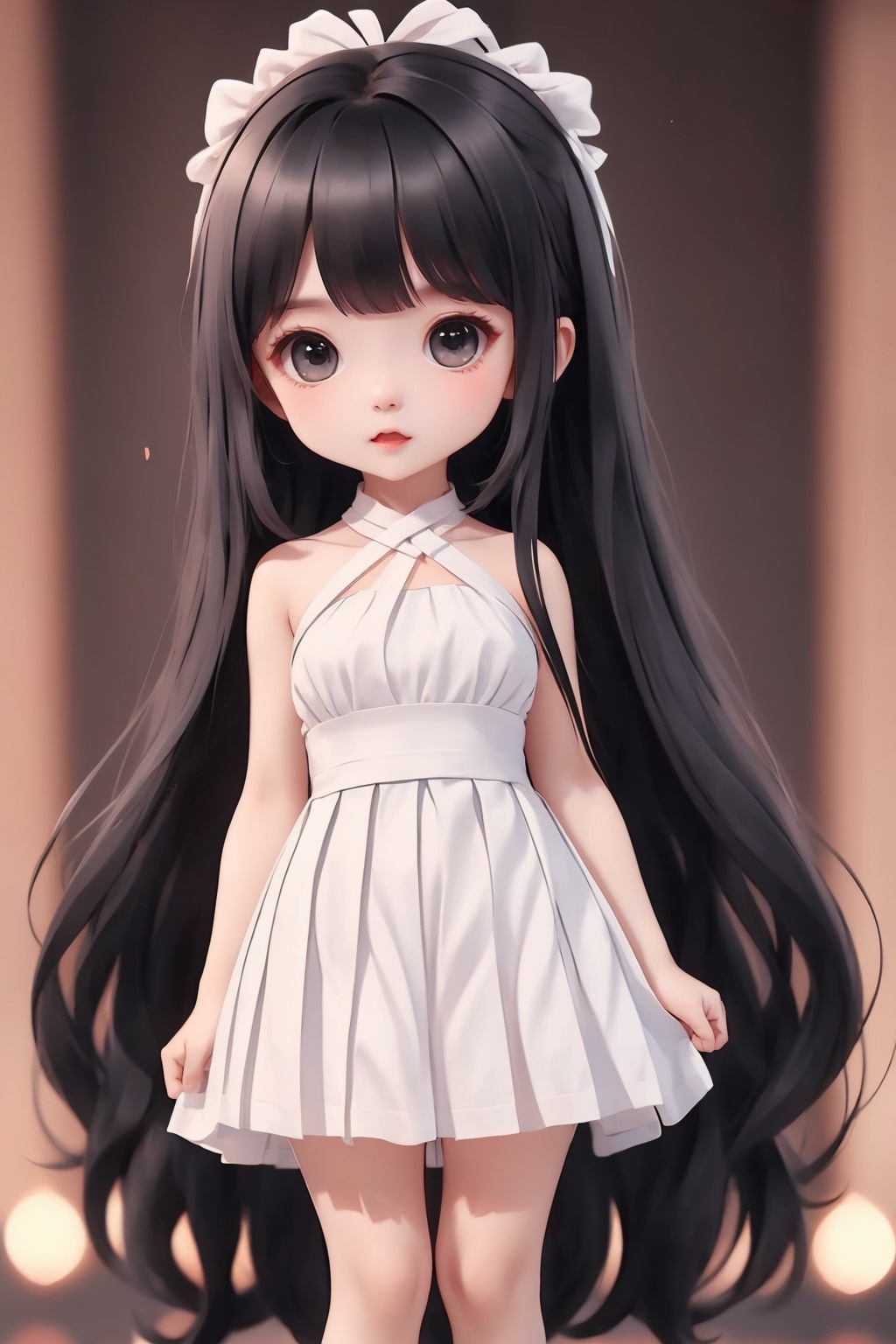 1girl,(black long straight hair:1.2),standing,(white halter neck see-through pleated dress:1.2),