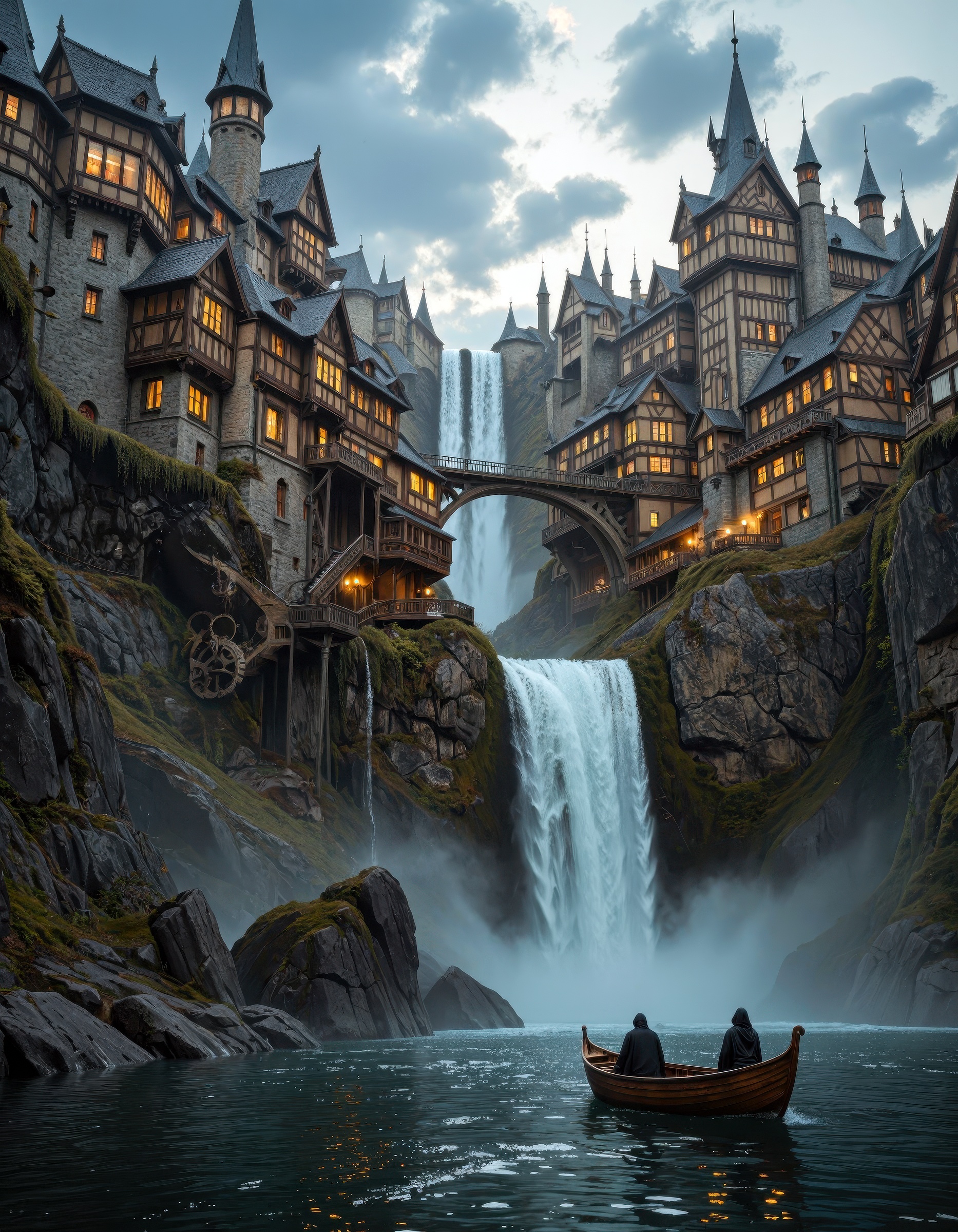 A sprawling,  intricate city built into a rocky cliffside,  glowing with warm golden lights from windows and lanterns on T...