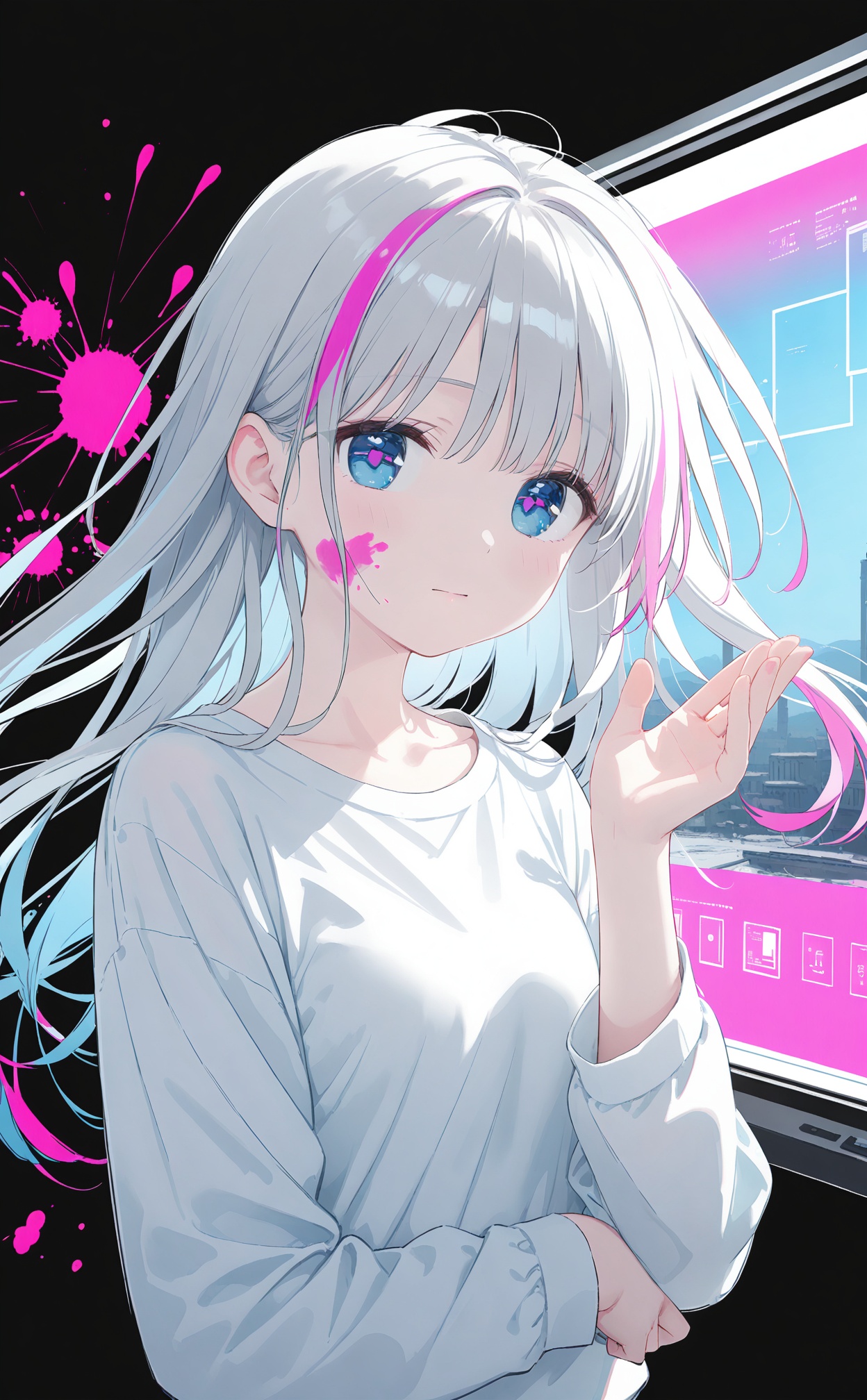 masterpiece,best quality,high quality,(colorful),artist Alens,Artist torino aqua,Artist\:ciloranko,Artist hiten \(hitenkei\),artist wlop,artist tianliangduohefangdongye,loli,1girl,solo,pink blood,blue eyes,upper body,white hair,long hair,shirt,multicolored hair,blue hair,looking at viewer,closed mouth,blood,floating hair,white shirt,holographic interface,hand up,colored skin,paint splatter,white skin,window (computing),liquid,paint splatter on face,holographic monitor,pink hair,short sleeves,parted bangs,hair intakes,long sleeves,blood on face,black background,expressionless,glitch,pink pupils,streaked hair,pale skin,