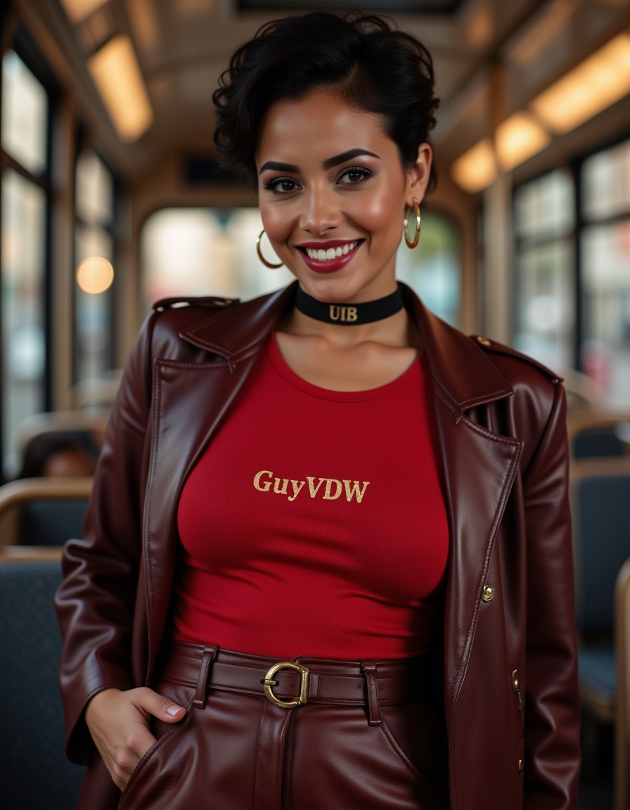 smile lines,  short hair,  a stunning closeup photo of a gorgeous woman standing confidently on an empty bus on Tensor.Art