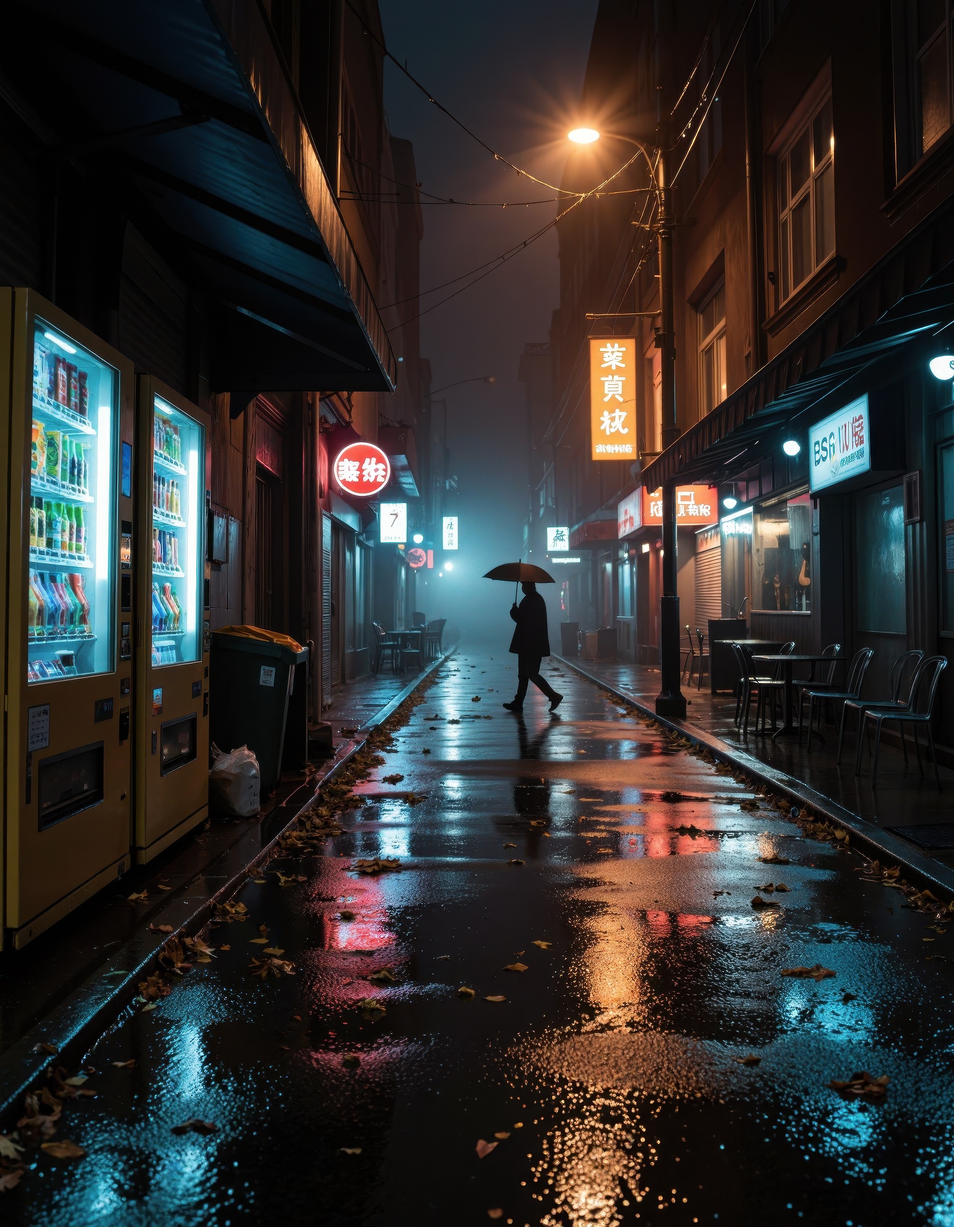 a moody cinematic wide-angle view of a rain-slick urban street at night,  wet asphalt shimmering with neon sign reflection...