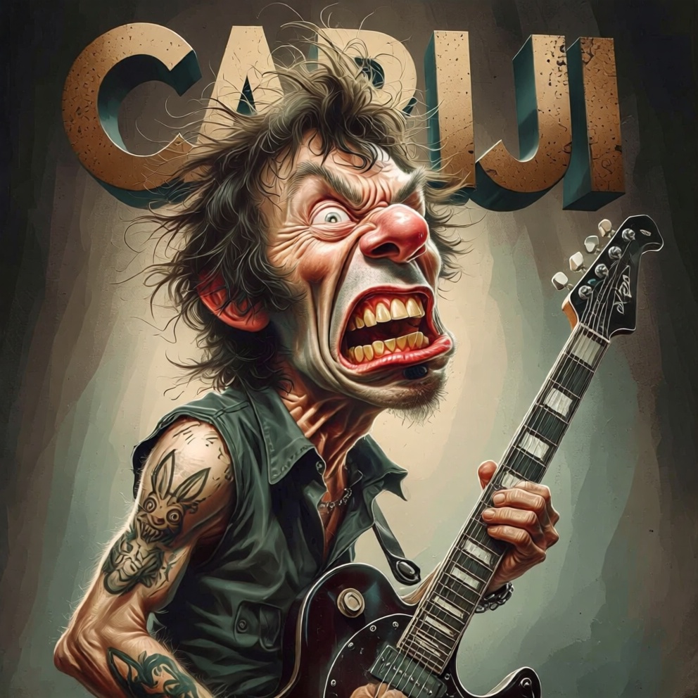 Cariji,  Poster titled "CARIJI" in bold 3d text featuring a caricature depicts musician passionately playing an electric g...